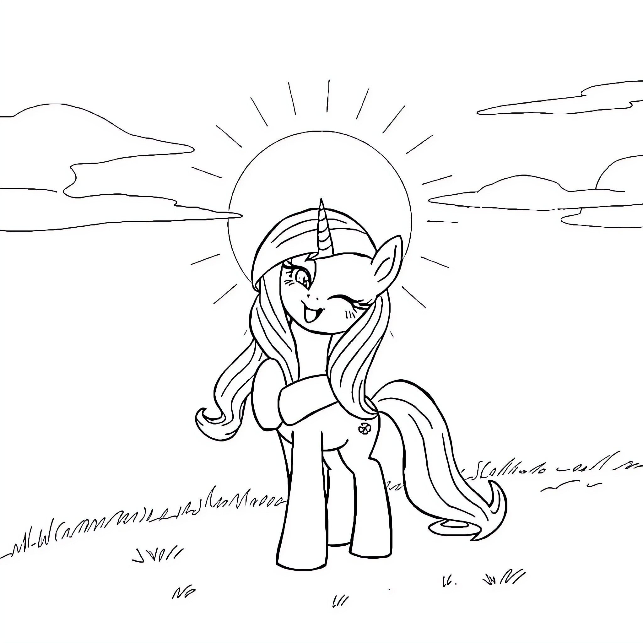 Twilight Sparkle enjoying the sunset outdoors Coloring Page (free black-and-white line drawing printable PDF for all, from beginners to advanced learners, including children, teens, adults, and seniors)