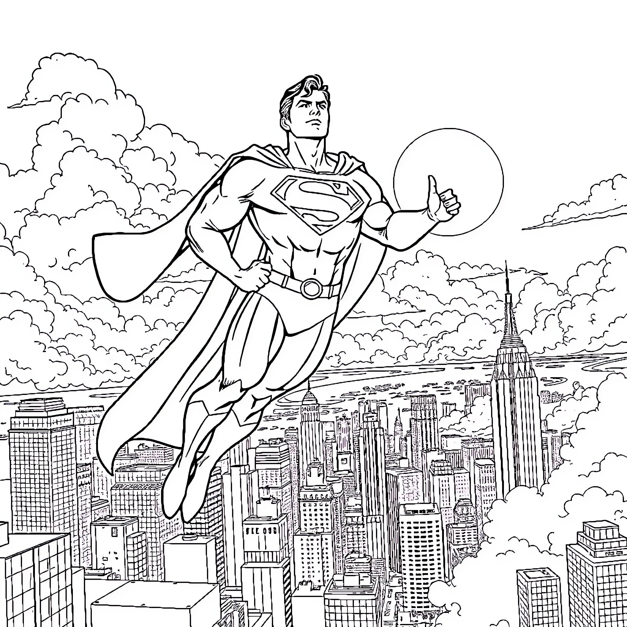 Superman soaring over the city in heroic pose Coloring Page (free black-and-white line drawing printable PDF for all, from beginners to advanced learners, including children, teens, adults, and seniors)