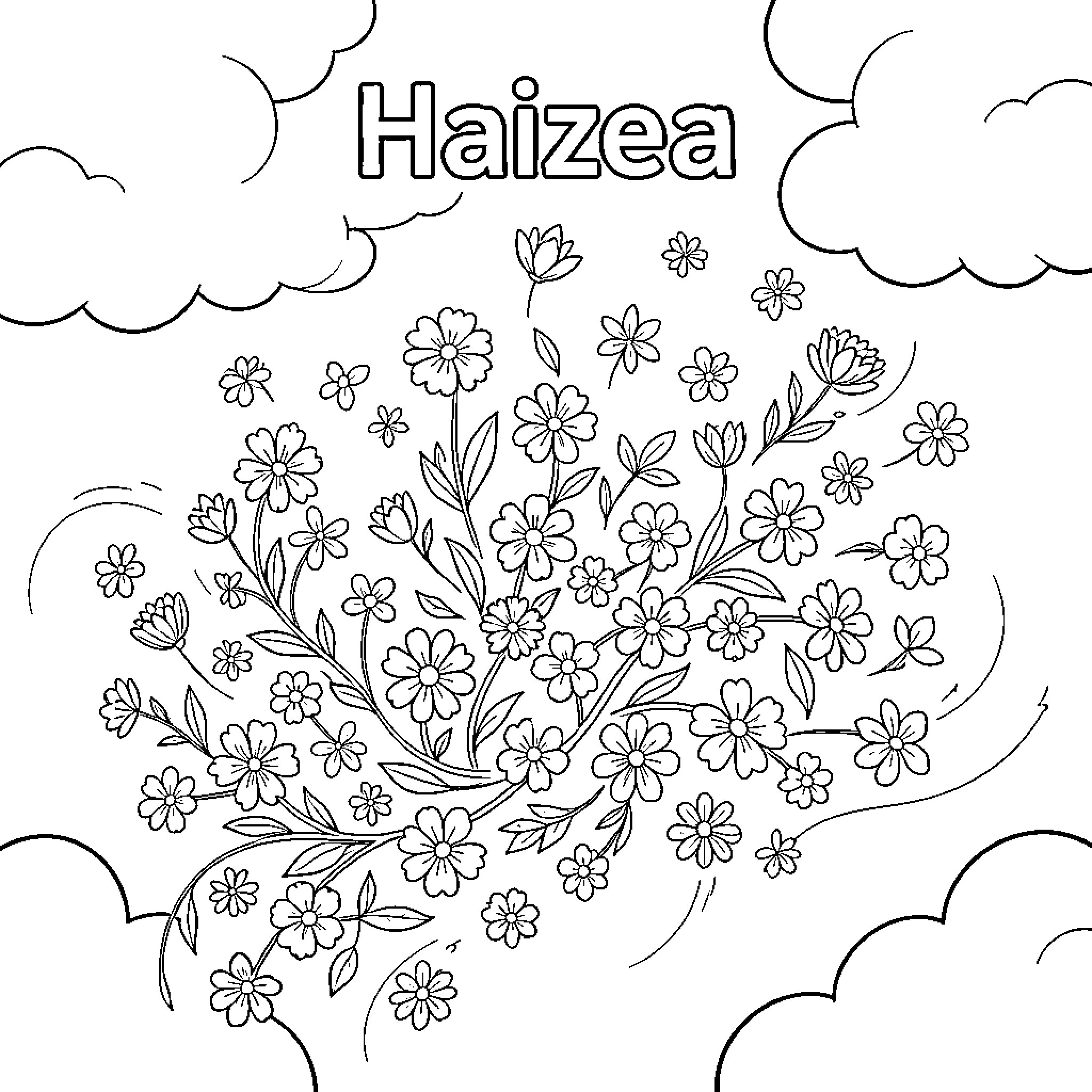 Flower field with whimsical flora Coloring Page (free black-and-white line drawing printable PDF for all, from beginners to advanced learners, including children, teens, adults, and seniors)