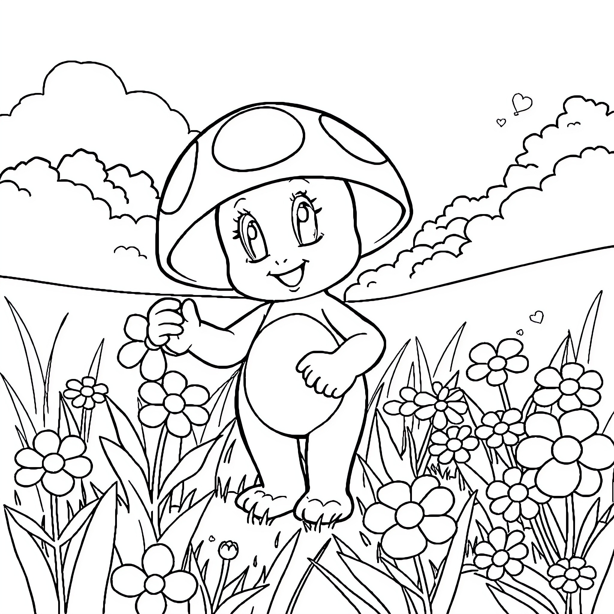 Toadette exploring a colorful garden Coloring Page (free black-and-white line drawing printable PDF for all, from beginners to advanced learners, including children, teens, adults, and seniors)