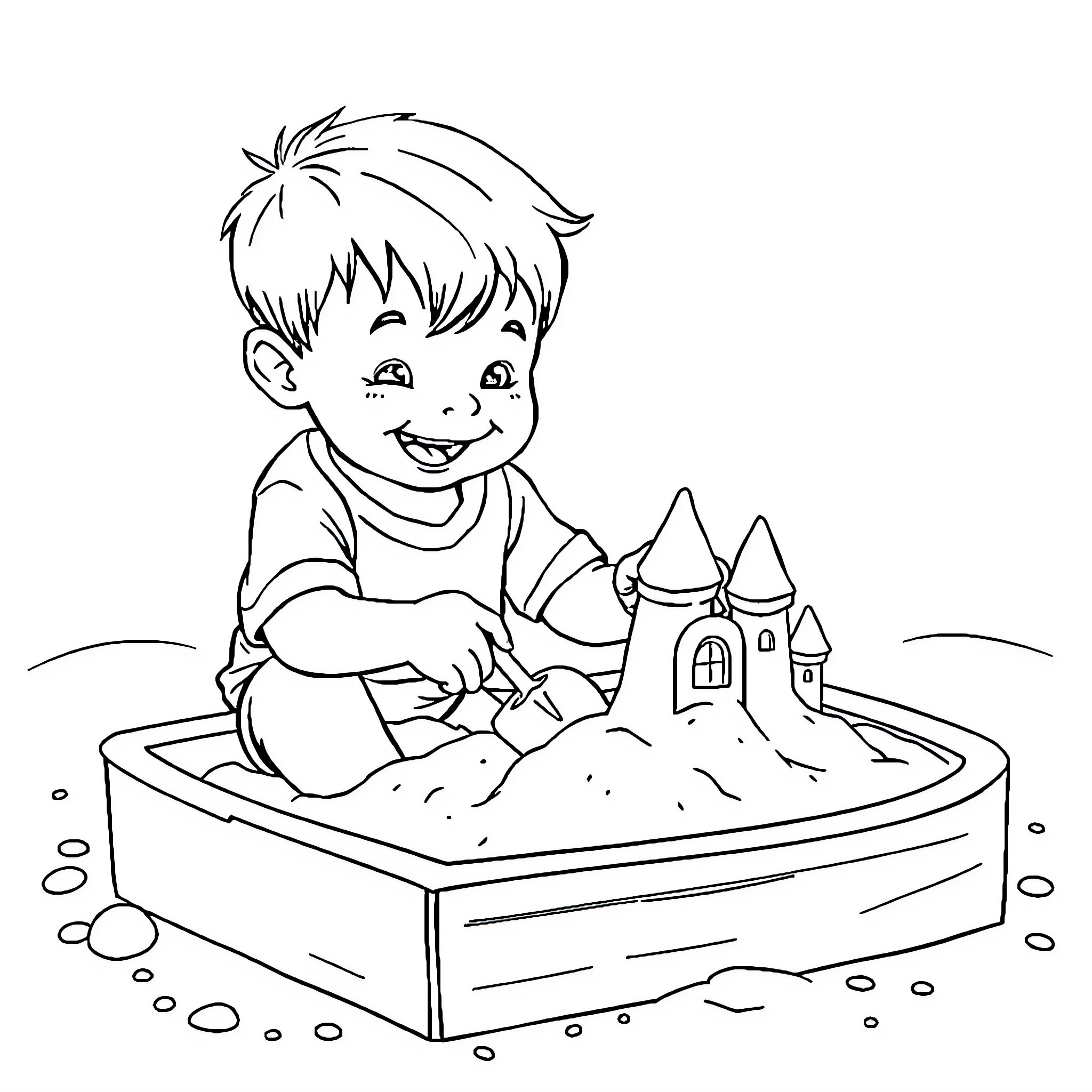 Boy constructing sand castle on beach Coloring Page (free black-and-white line drawing printable PDF for all, from beginners to advanced learners, including children, teens, adults, and seniors)