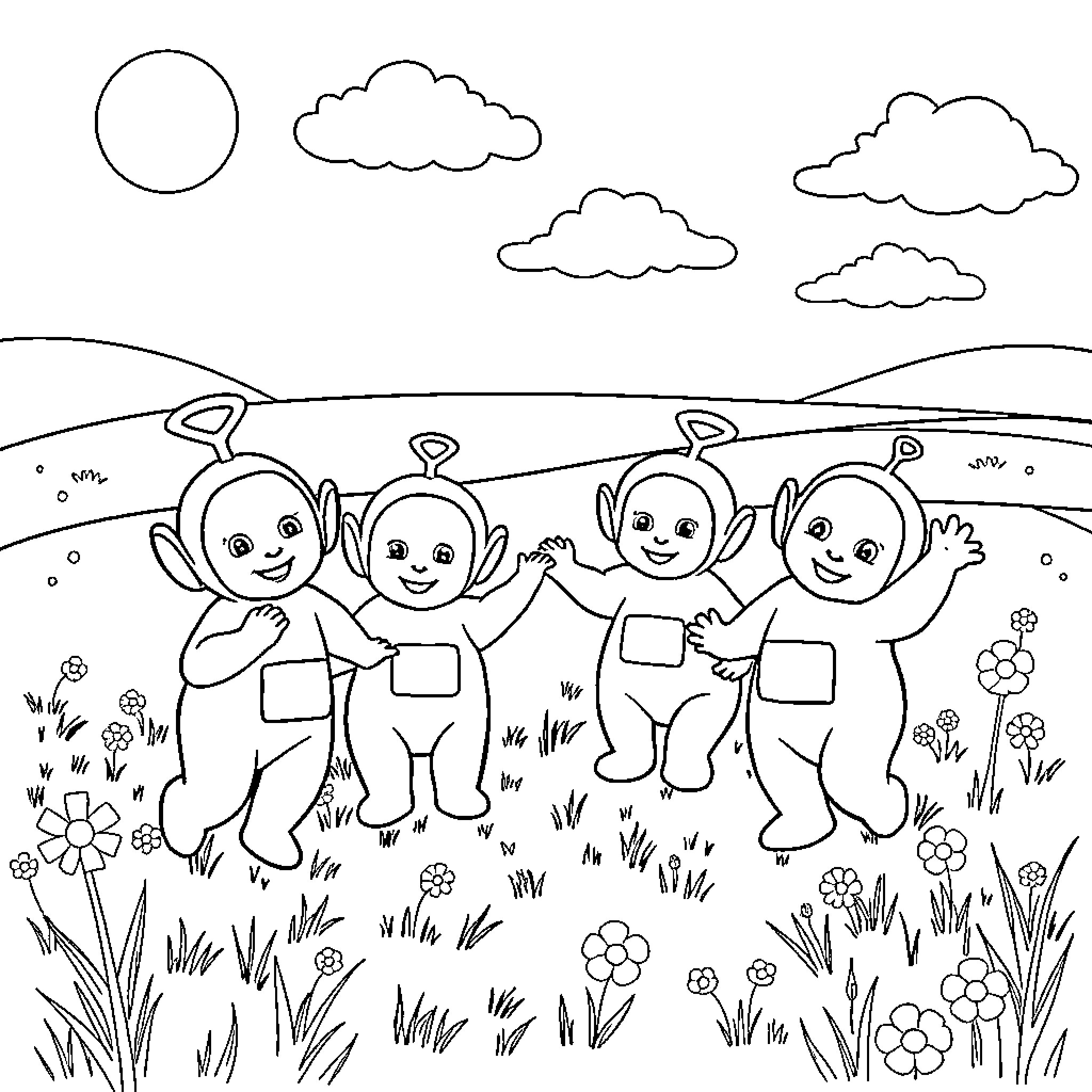 Teletubbies playing happily in the meadow Coloring Page (free black-and-white line drawing printable PDF for all, from beginners to advanced learners, including children, teens, adults, and seniors)