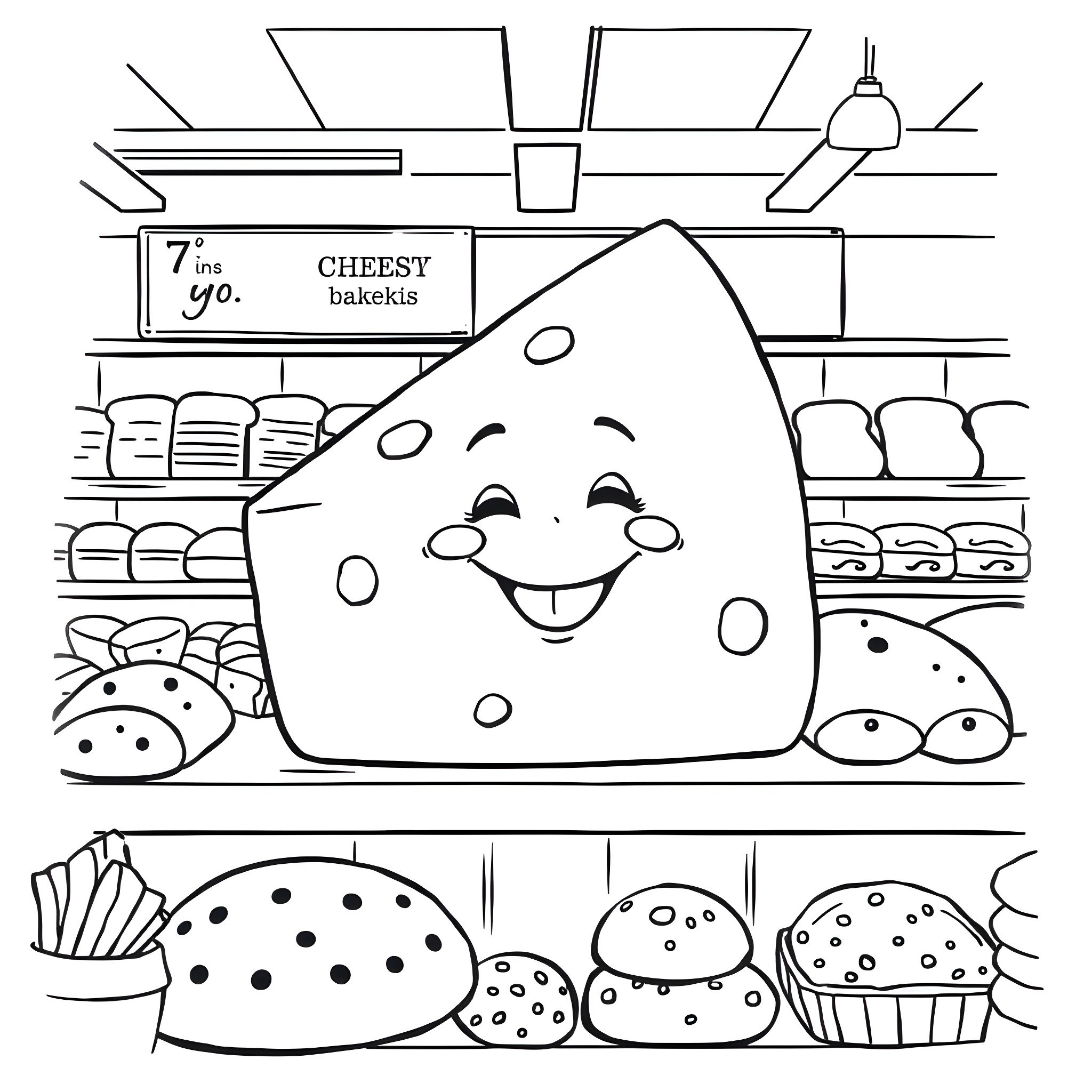 Cheesy bakery scene with a smiling cheese slice Coloring Page (free black-and-white line drawing printable PDF for all, from beginners to advanced learners, including children, teens, adults, and seniors)