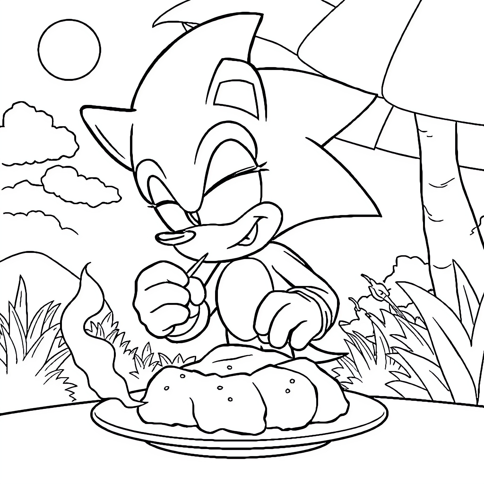 Sonic enjoying a picnic in nature Coloring Page (free black-and-white line drawing printable PDF for all, from beginners to advanced learners, including children, teens, adults, and seniors)