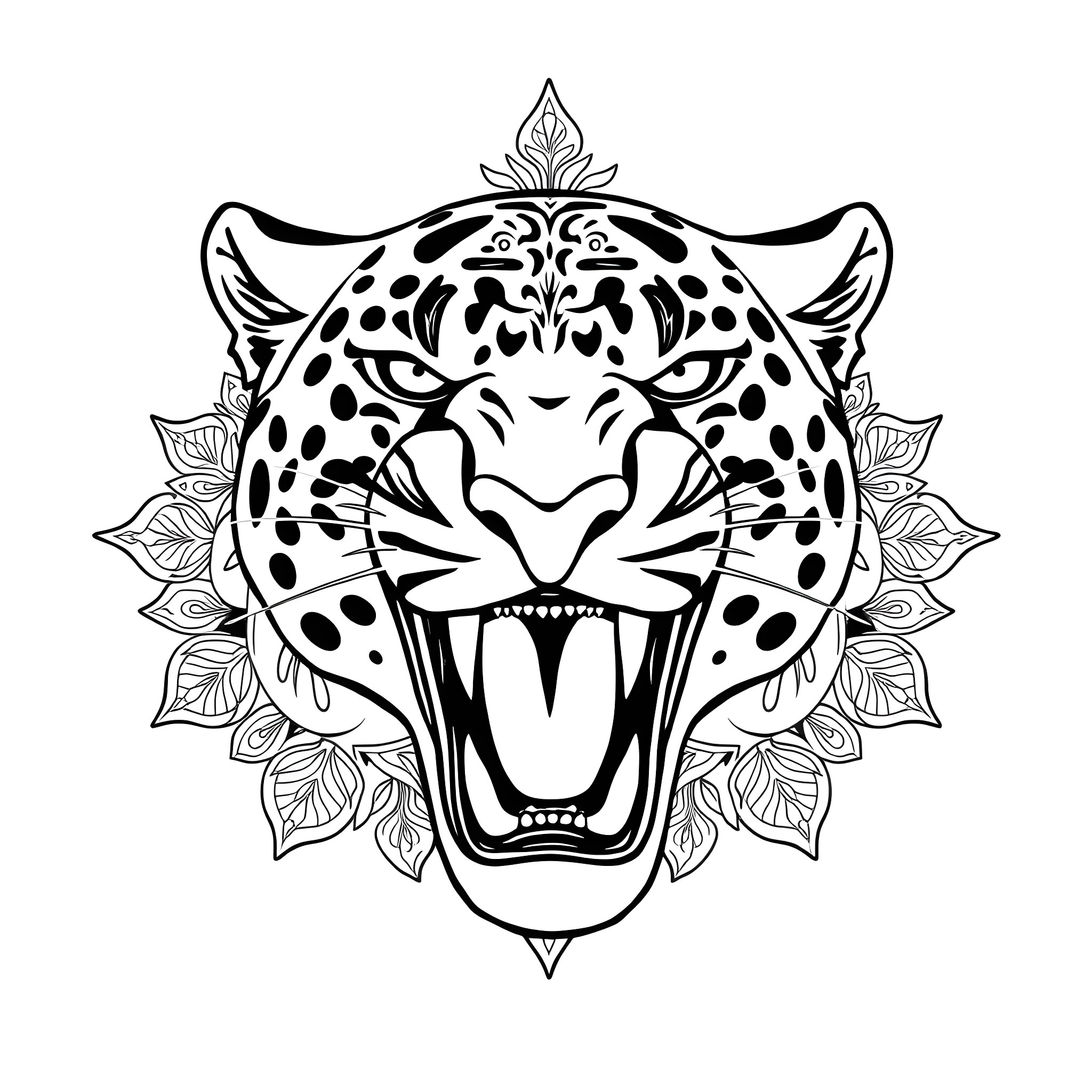 Jaguar's Fierce Roar Amidst Floral Motifs Coloring Page (free black-and-white line drawing printable PDF for all, from beginners to advanced learners, including children, teens, adults, and seniors)