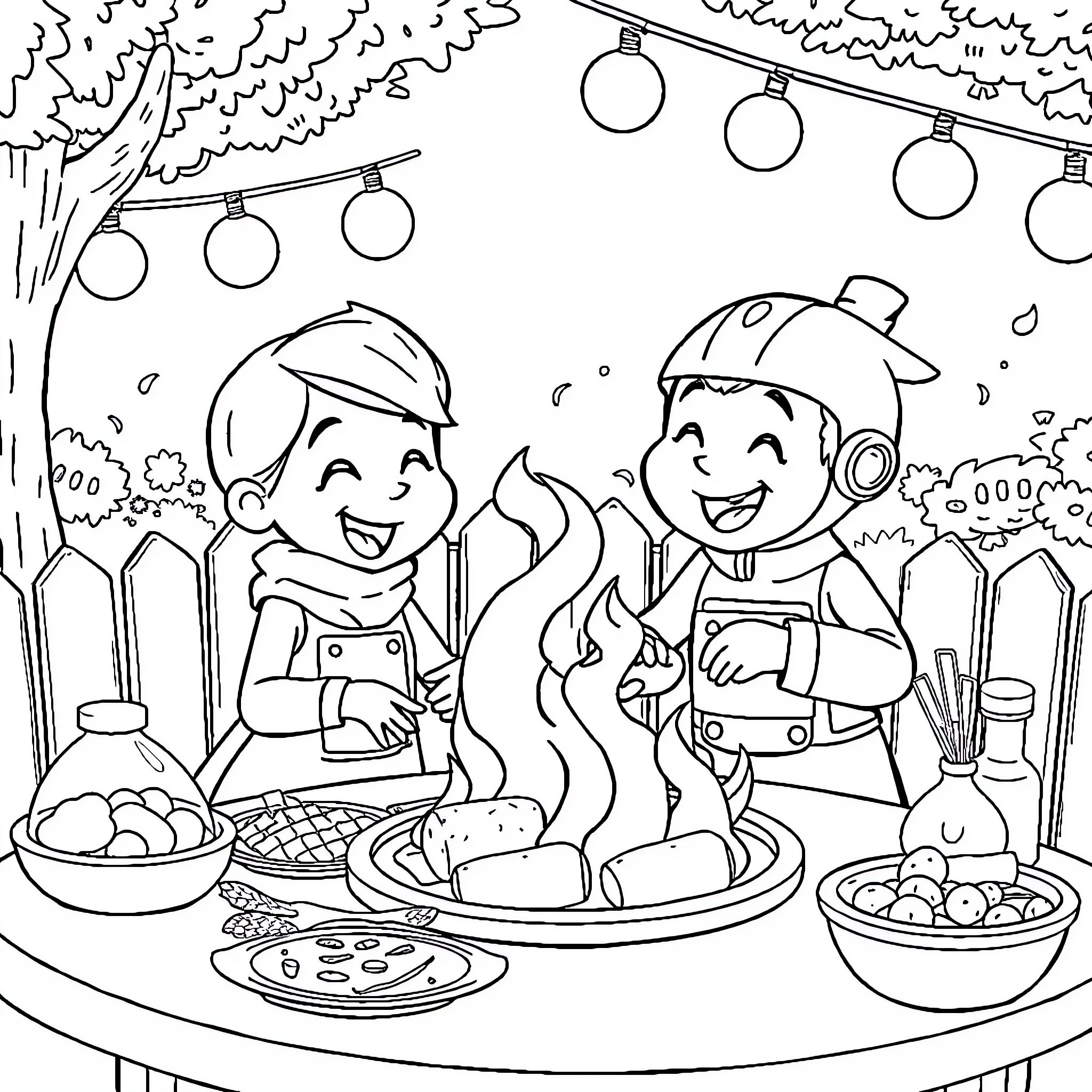 Jokie Playing and Enjoying a Backyard Picnic Coloring Page (free black-and-white line drawing printable PDF for all, from beginners to advanced learners, including children, teens, adults, and seniors)