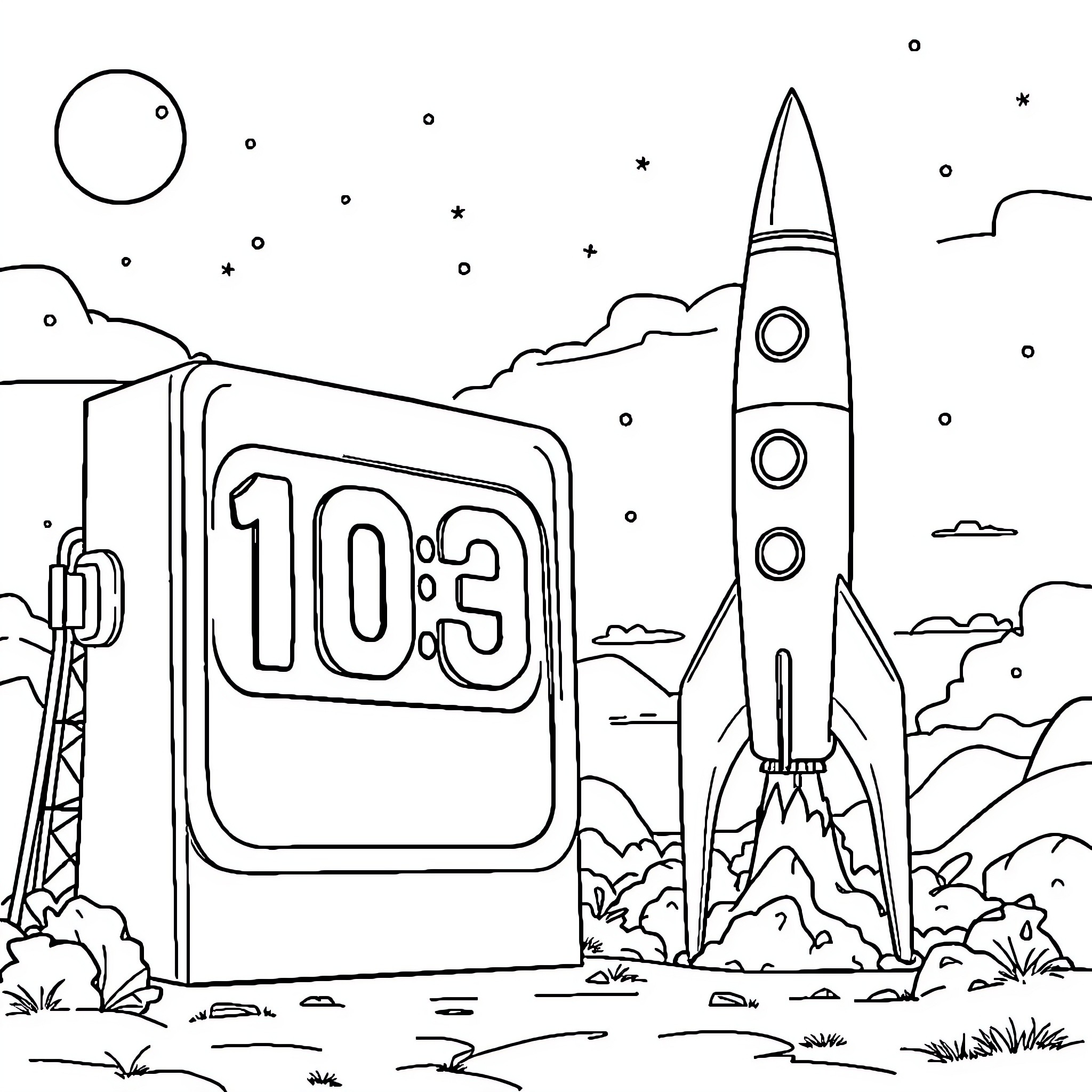 Rocket Countdown Launch Pad at Night Coloring Page (free black-and-white line drawing printable PDF for all, from beginners to advanced learners, including children, teens, adults, and seniors)