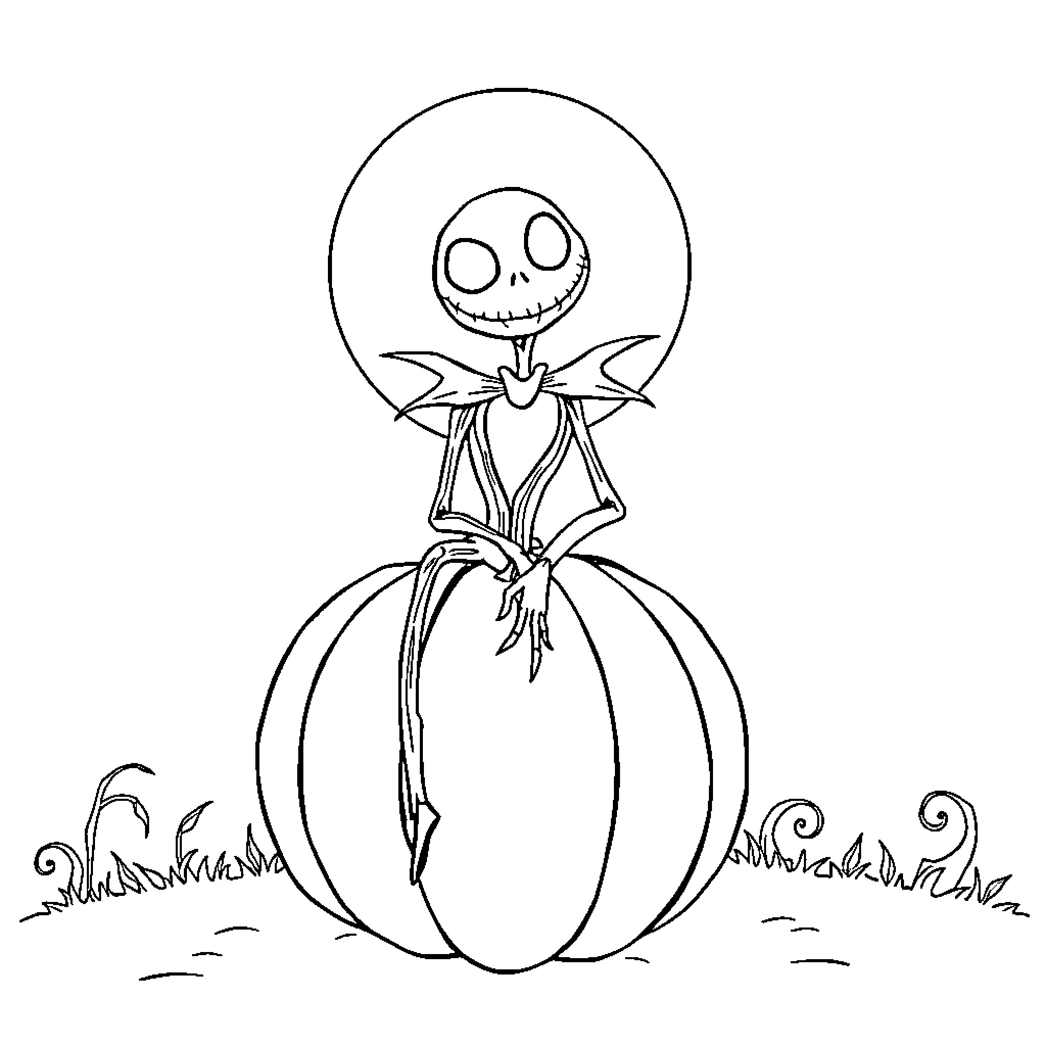 Jack Skeleton resting on a pumpkin Coloring Page (free black-and-white line drawing printable PDF for all, from beginners to advanced learners, including children, teens, adults, and seniors)