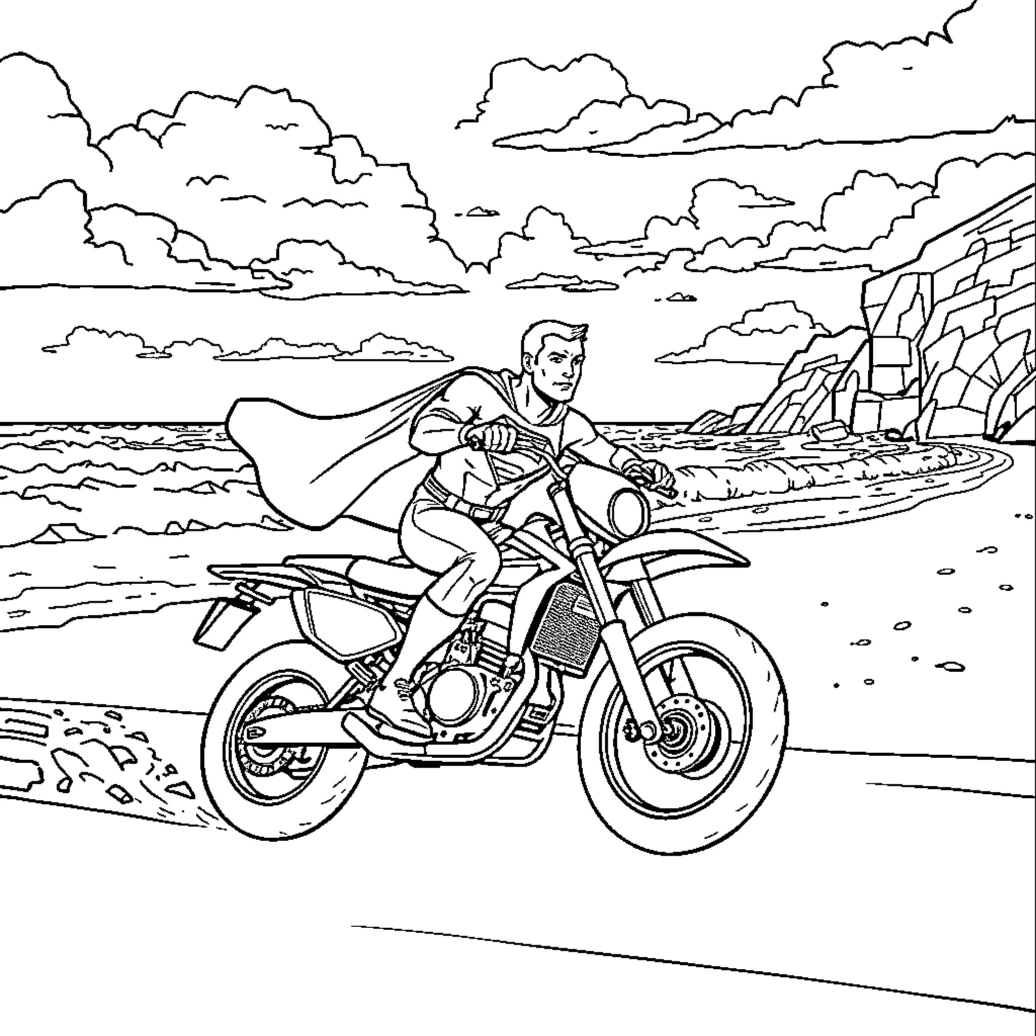 Superman riding a motorcycle on the beach Coloring Page (free black-and-white line drawing printable PDF for all, from beginners to advanced learners, including children, teens, adults, and seniors)