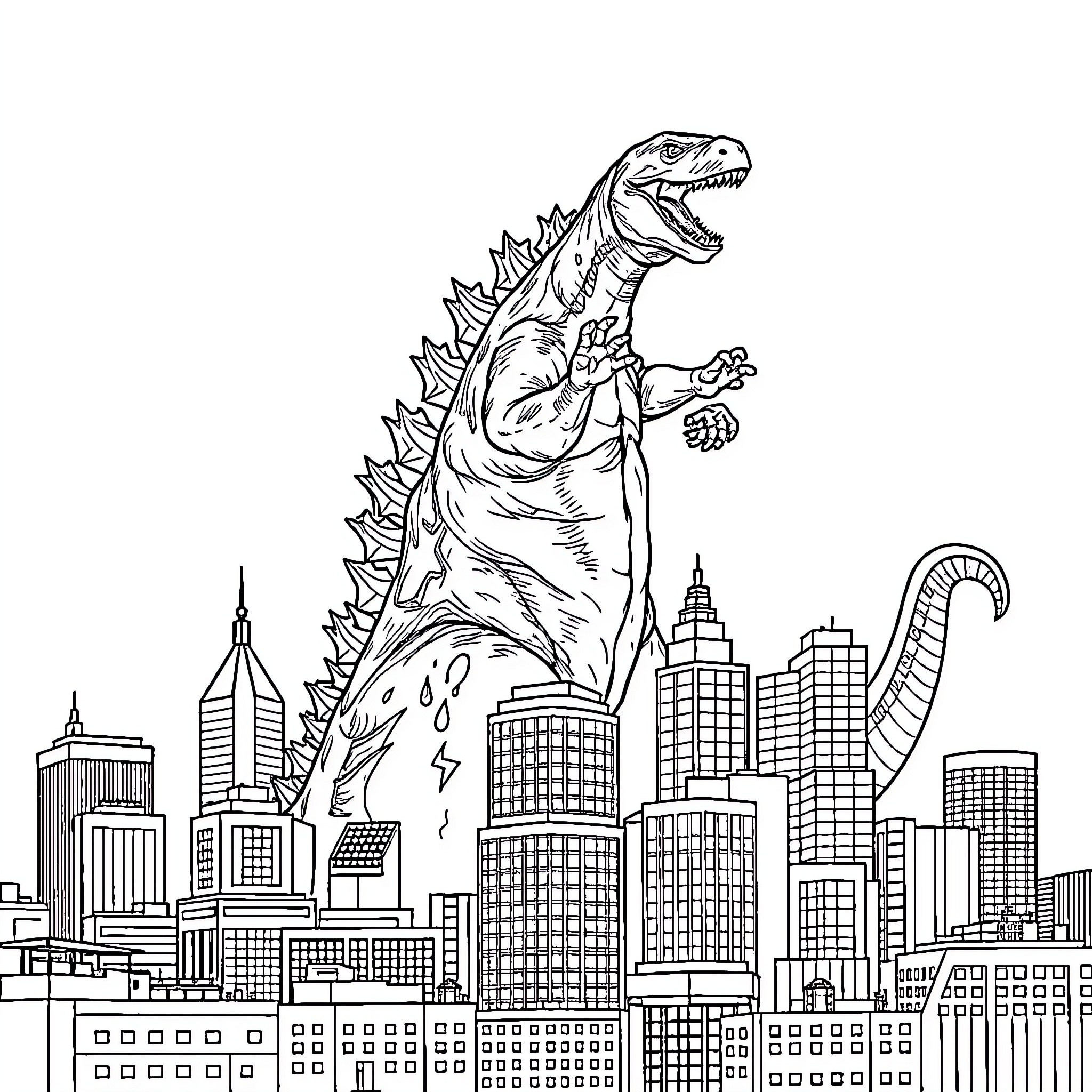Godzilla trampling through the city skyline Coloring Page (free black-and-white line drawing printable PDF for all, from beginners to advanced learners, including children, teens, adults, and seniors)
