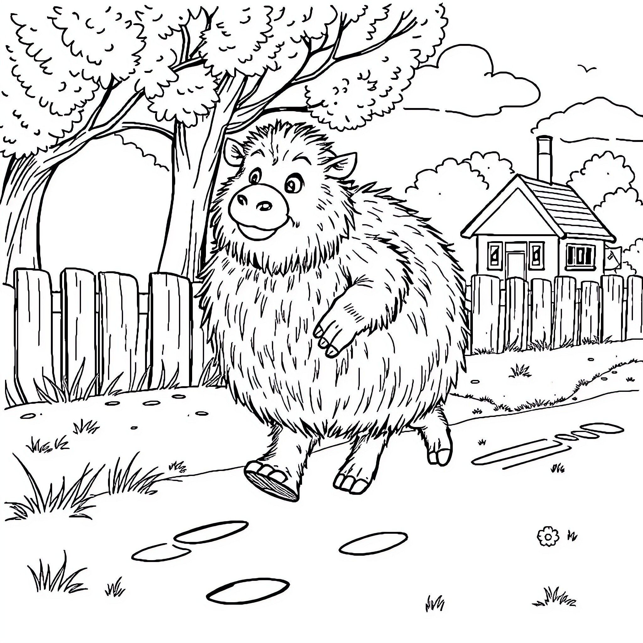 Bear explores a cozy countryside scene Coloring Page (free black-and-white line drawing printable PDF for all, from beginners to advanced learners, including children, teens, adults, and seniors)