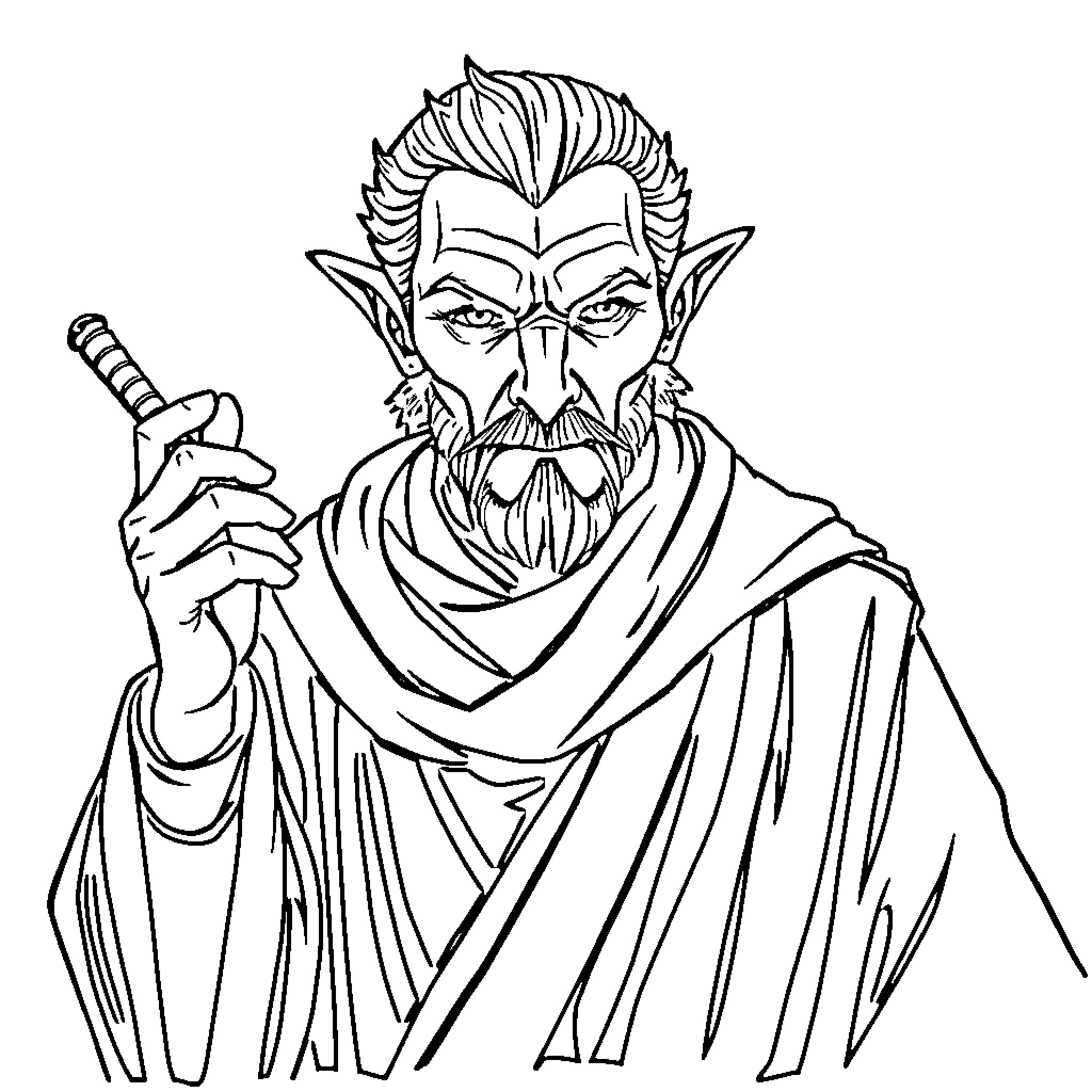 Mal-Attentive sorcerer brandishing enchanted dagger Coloring Page (free black-and-white line drawing printable PDF for all, from beginners to advanced learners, including children, teens, adults, and seniors)