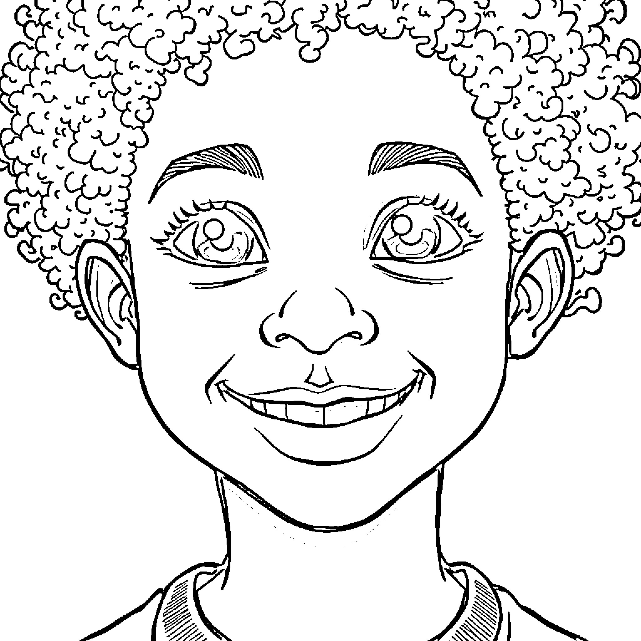 Boy with Joyful Expression and Curly Hair Coloring Page (free black-and-white line drawing printable PDF for all, from beginners to advanced learners, including children, teens, adults, and seniors)