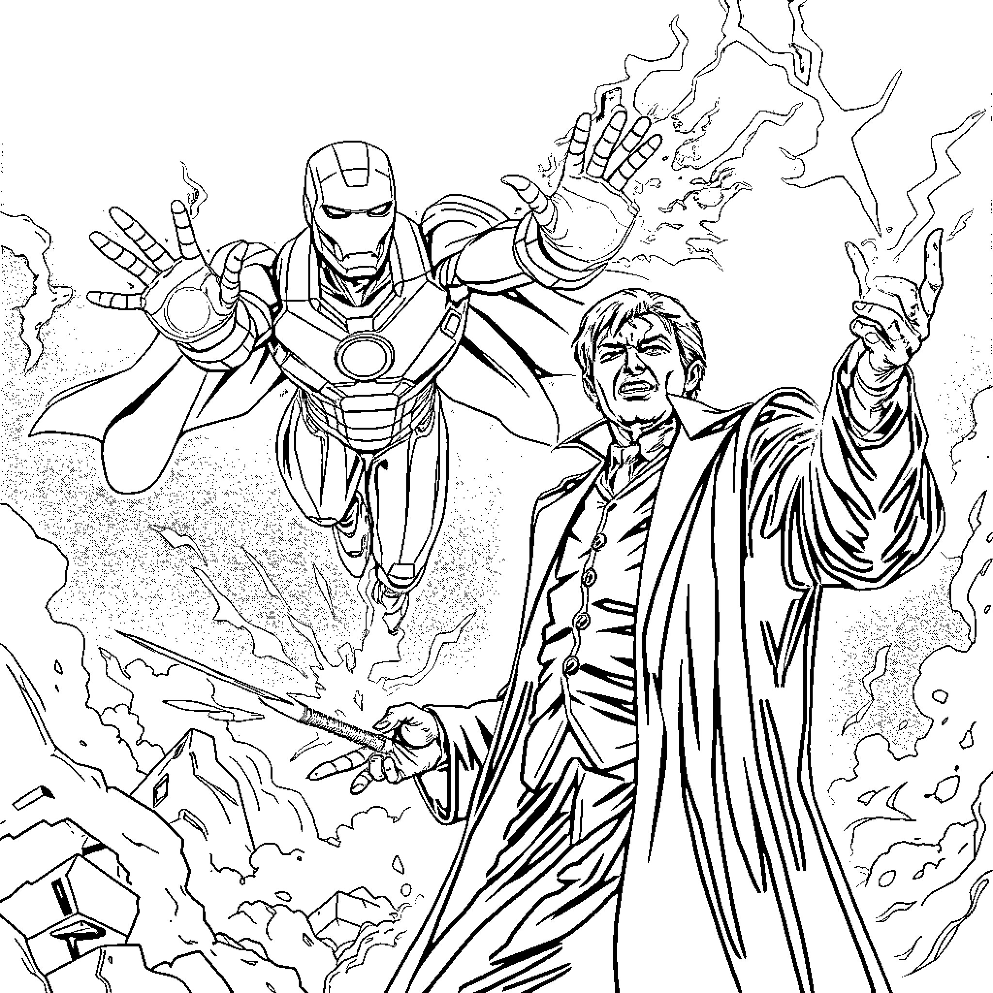Voldemort and Iron Man collide in epic battle Coloring Page (free black-and-white line drawing printable PDF for all, from beginners to advanced learners, including children, teens, adults, and seniors)