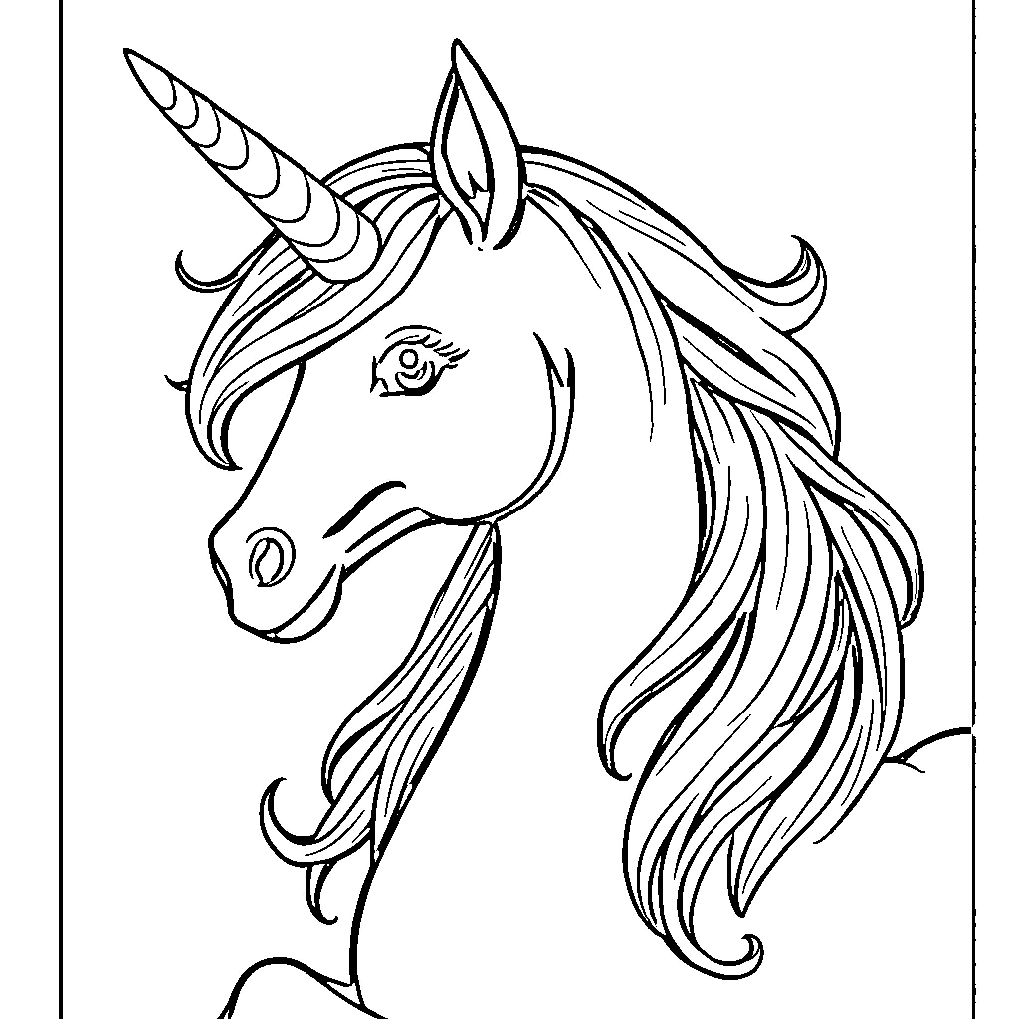 Unicorn with flowing mane and horn Coloring Page (free black-and-white line drawing printable PDF for all, from beginners to advanced learners, including children, teens, adults, and seniors)