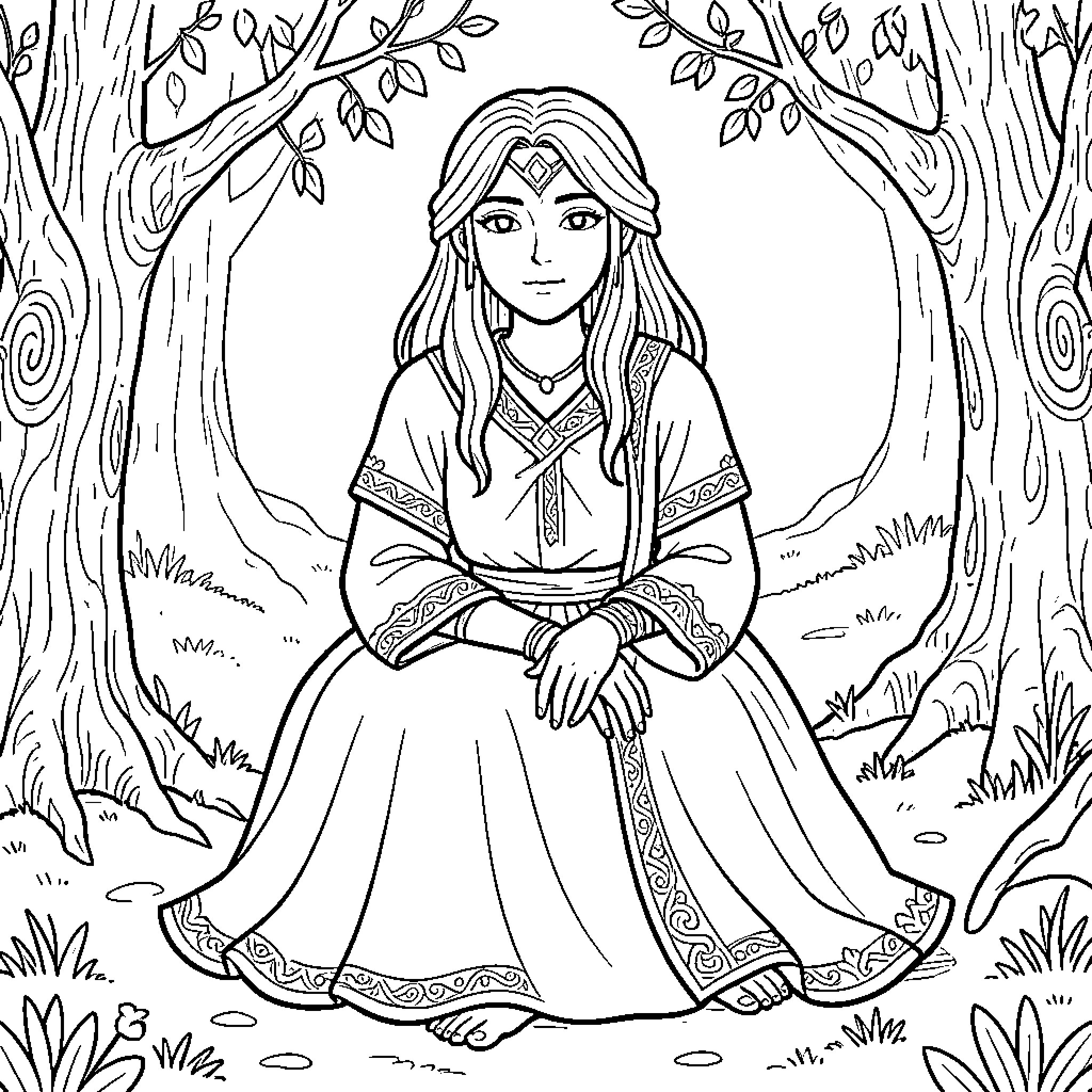 Your Atheneum: Serene maiden in a forest setting Coloring Page (free black-and-white line drawing printable PDF for all, from beginners to advanced learners, including children, teens, adults, and seniors)
