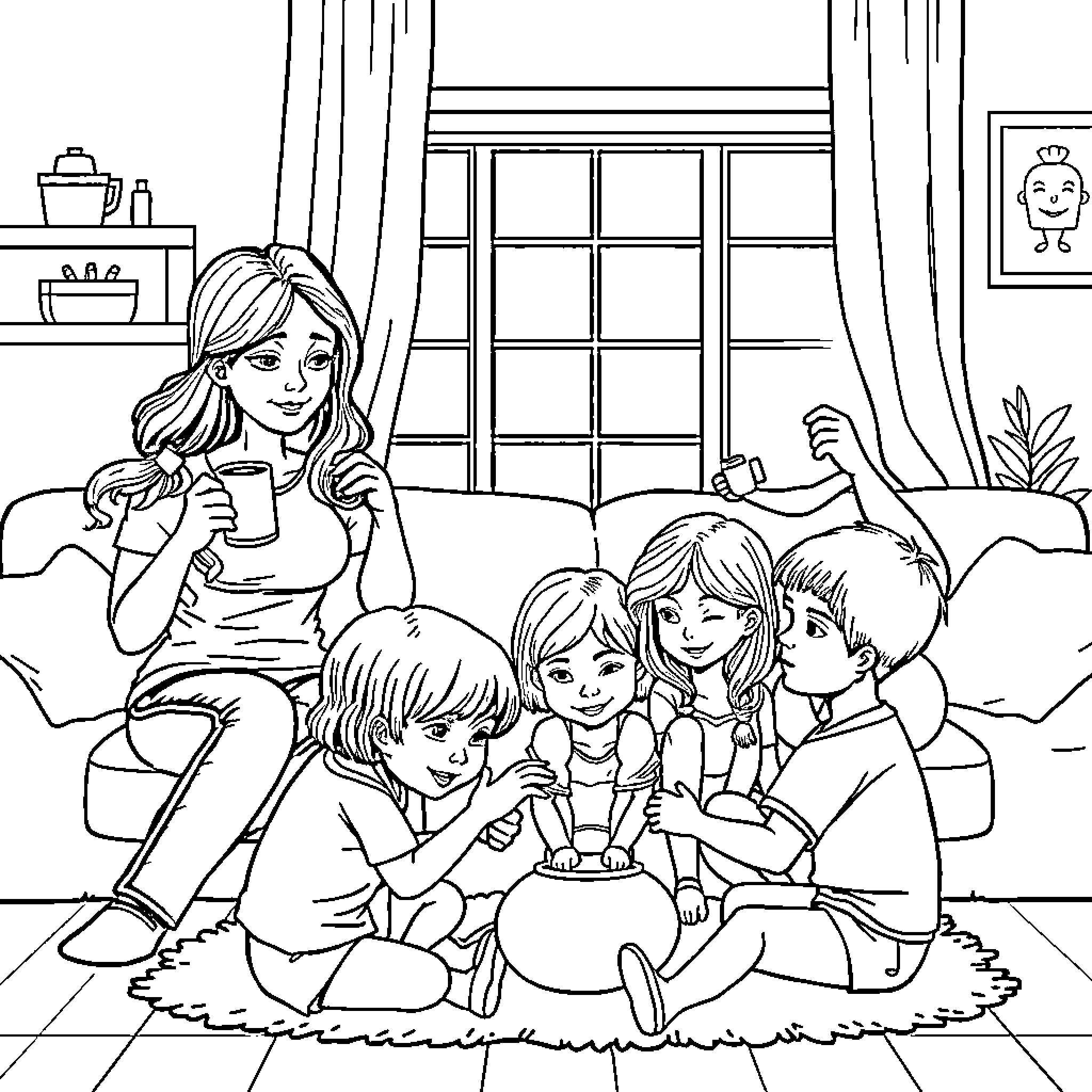 Mom spending quality time with her children at home Coloring Page (free black-and-white line drawing printable PDF for all, from beginners to advanced learners, including children, teens, adults, and seniors)