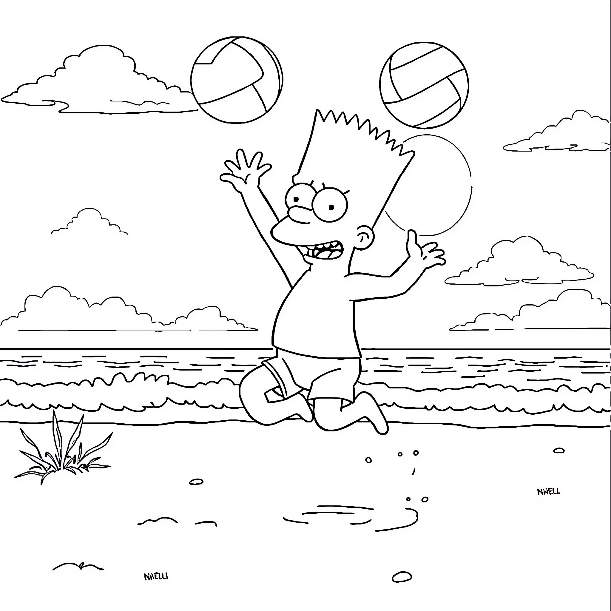 Bart Simpson playing with beach balls by the sea Coloring Page (free black-and-white line drawing printable PDF for all, from beginners to advanced learners, including children, teens, adults, and seniors)