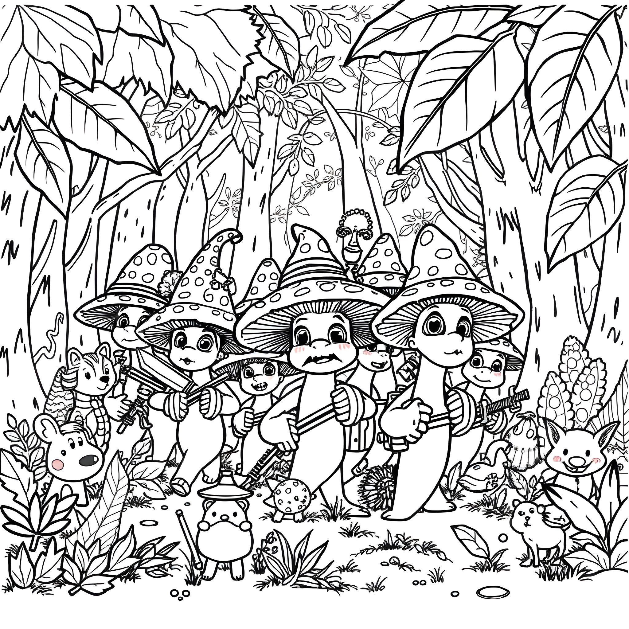 Mushroom people frolicking in the enchanted forest Coloring Page (free black-and-white line drawing printable PDF for all, from beginners to advanced learners, including children, teens, adults, and seniors)