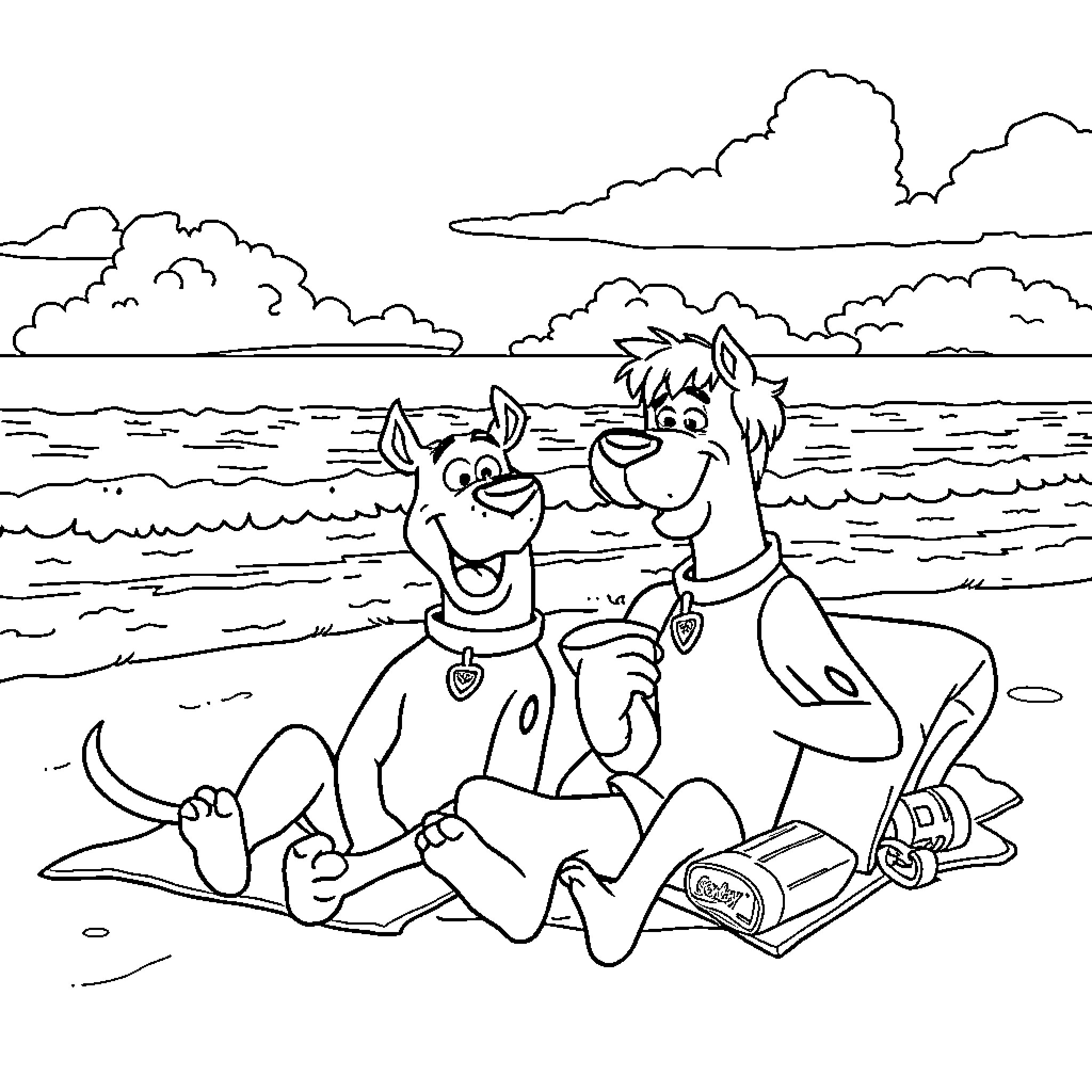 Scooby Doo and Shaggy having fun on the beach Coloring Page (free black-and-white line drawing printable PDF for all, from beginners to advanced learners, including children, teens, adults, and seniors)