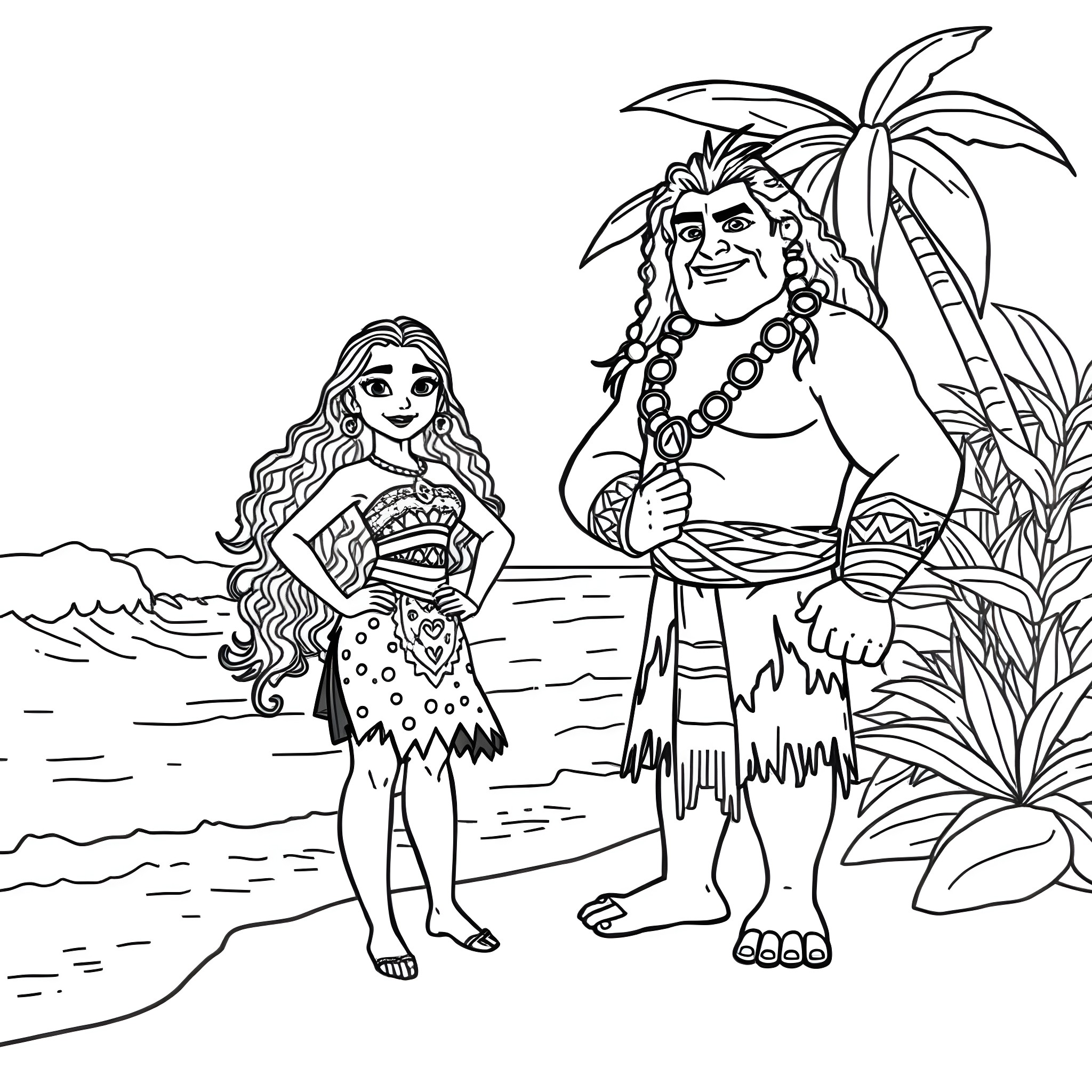 Moana and Maui on the Beach Coloring Page (free black-and-white line drawing printable PDF for all, from beginners to advanced learners, including children, teens, adults, and seniors)