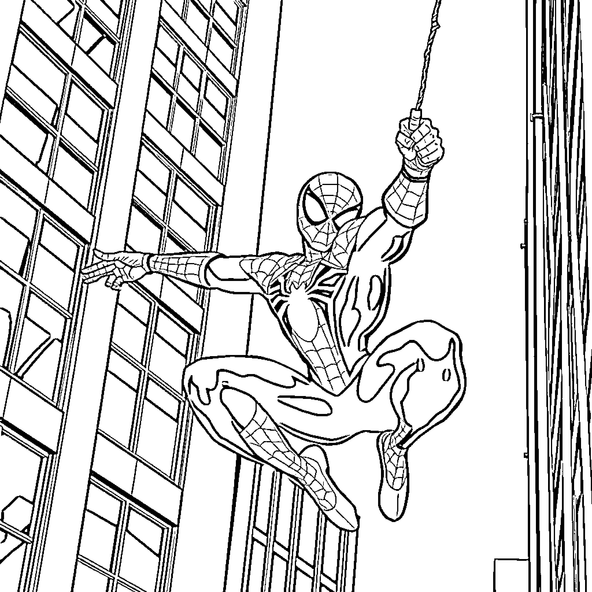 Spiderman swinging through the city skyline Coloring Page (free black-and-white line drawing printable PDF for all, from beginners to advanced learners, including children, teens, adults, and seniors)