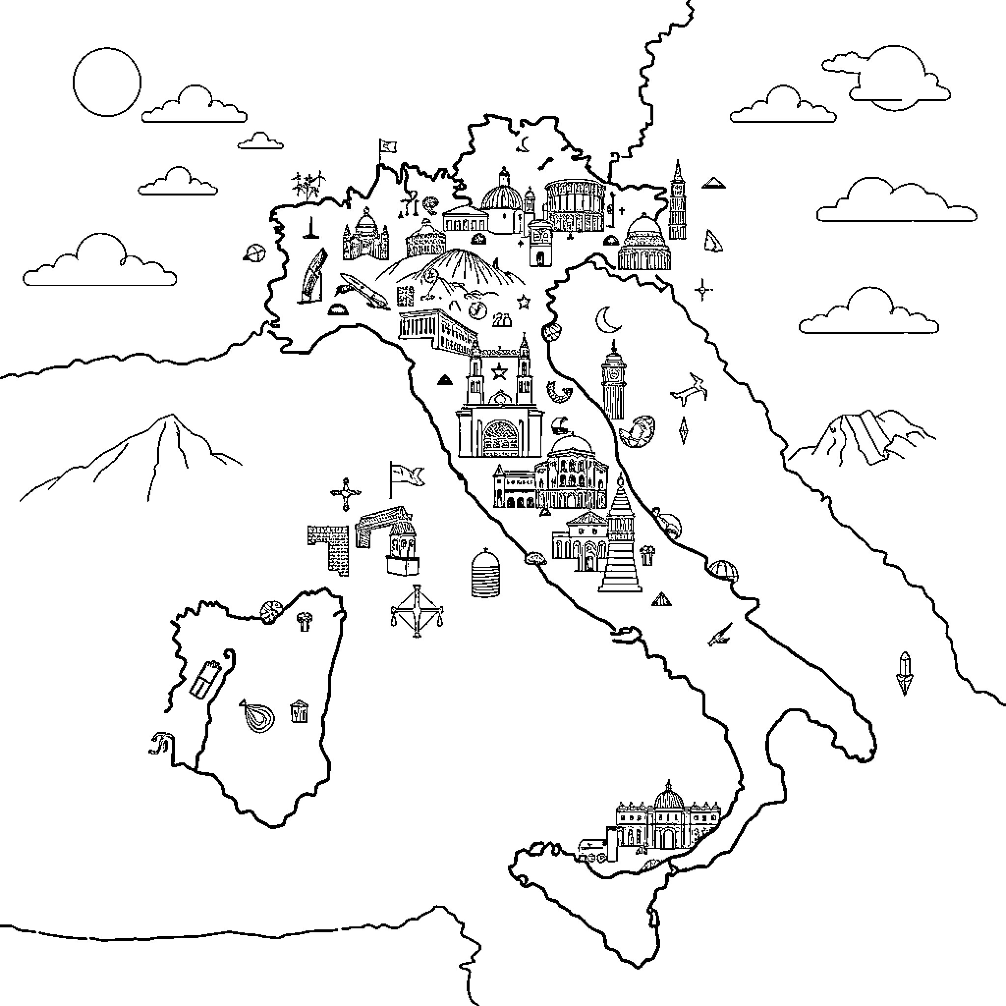 Italy's Iconic Landmarks and Landscapes in Outline Coloring Page (free black-and-white line drawing printable PDF for all, from beginners to advanced learners, including children, teens, adults, and seniors)