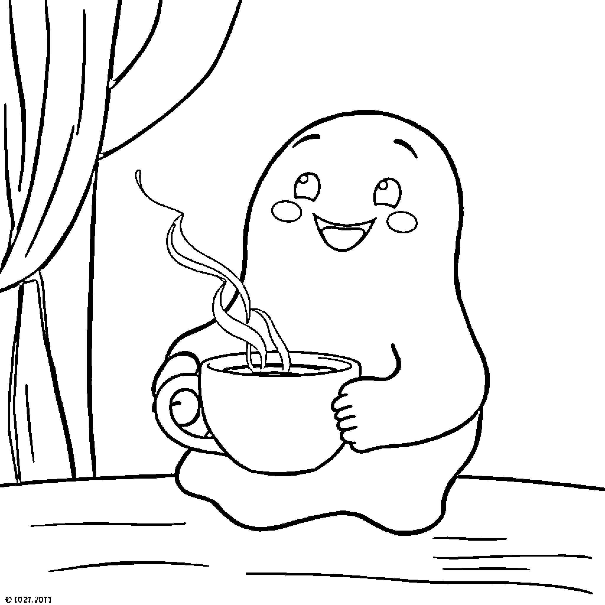 Ghost enjoying a hot drink near the curtain Coloring Page (free black-and-white line drawing printable PDF for all, from beginners to advanced learners, including children, teens, adults, and seniors)