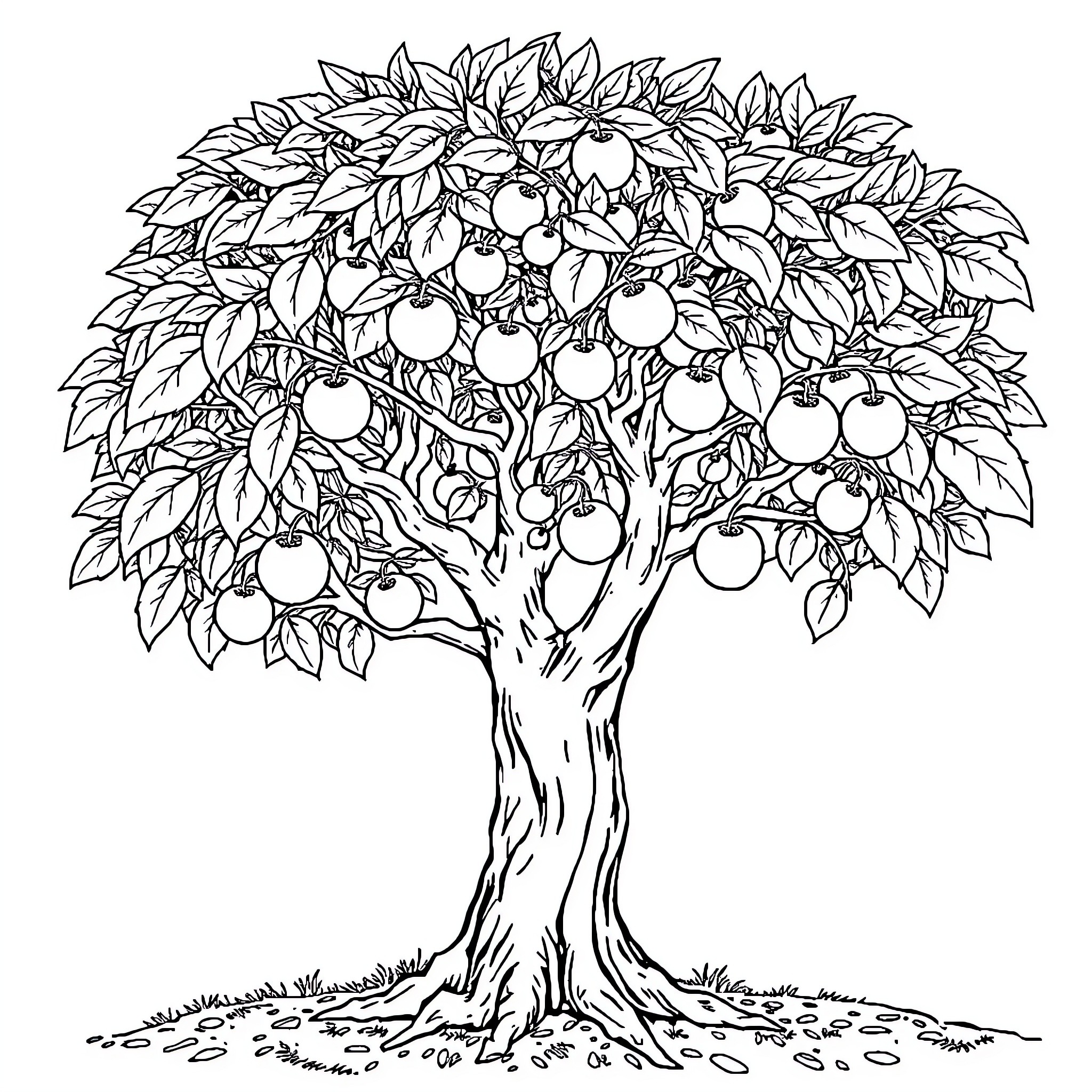 Tree with Flourishing Fruit Coloring Page (free black-and-white line drawing printable PDF for all, from beginners to advanced learners, including children, teens, adults, and seniors)