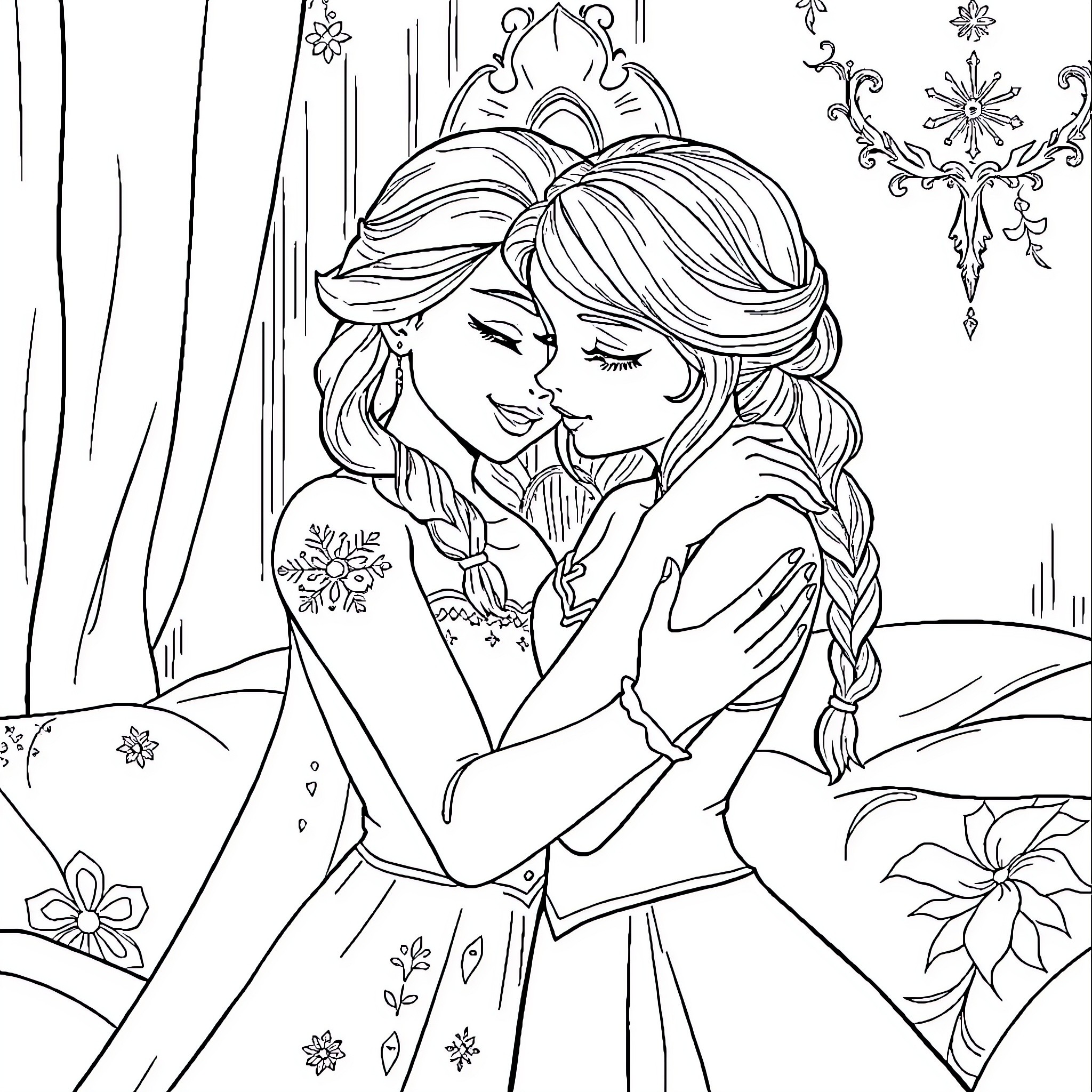Elsa and Anna sharing a loving embrace Coloring Page (free black-and-white line drawing printable PDF for all, from beginners to advanced learners, including children, teens, adults, and seniors)