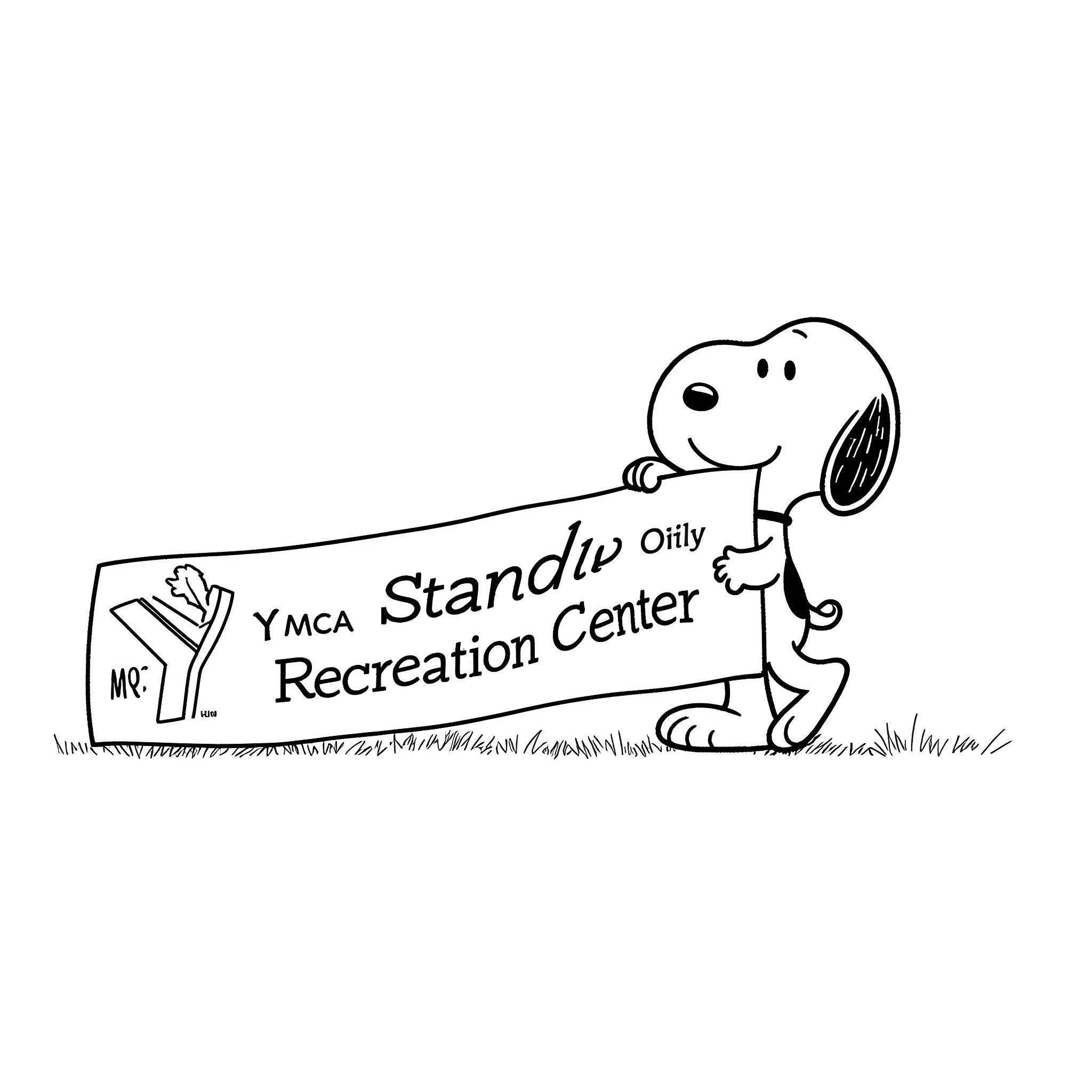 Snoopy posing with YMCA Recreation Center sign Coloring Page (free black-and-white line drawing printable PDF for all, from beginners to advanced learners, including children, teens, adults, and seniors)