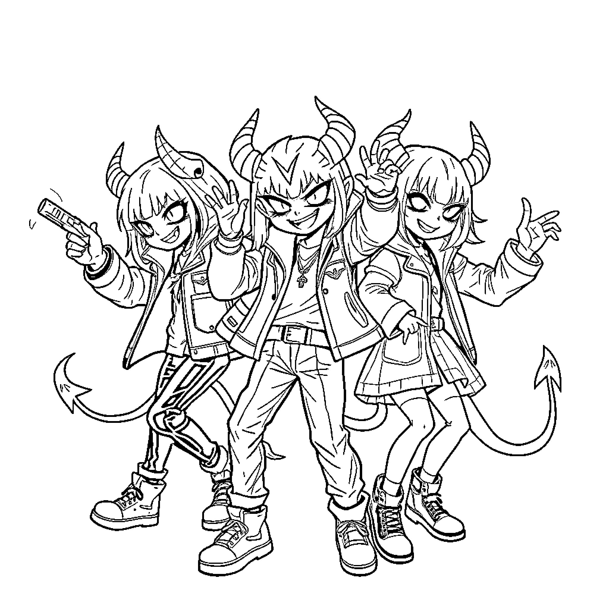 Demon Hunters in Action with Fierce Expressions Coloring Page (free black-and-white line drawing printable PDF for all, from beginners to advanced learners, including children, teens, adults, and seniors)