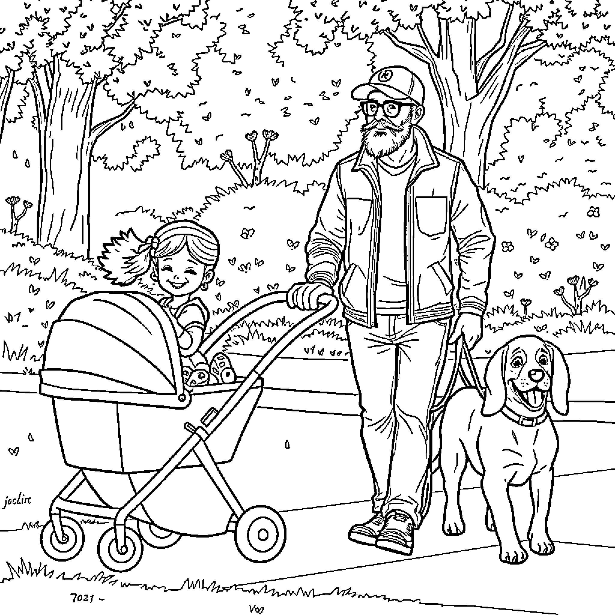 Girl on a stroll with her father and dog in the park Coloring Page (free black-and-white line drawing printable PDF for all, from beginners to advanced learners, including children, teens, adults, and seniors)