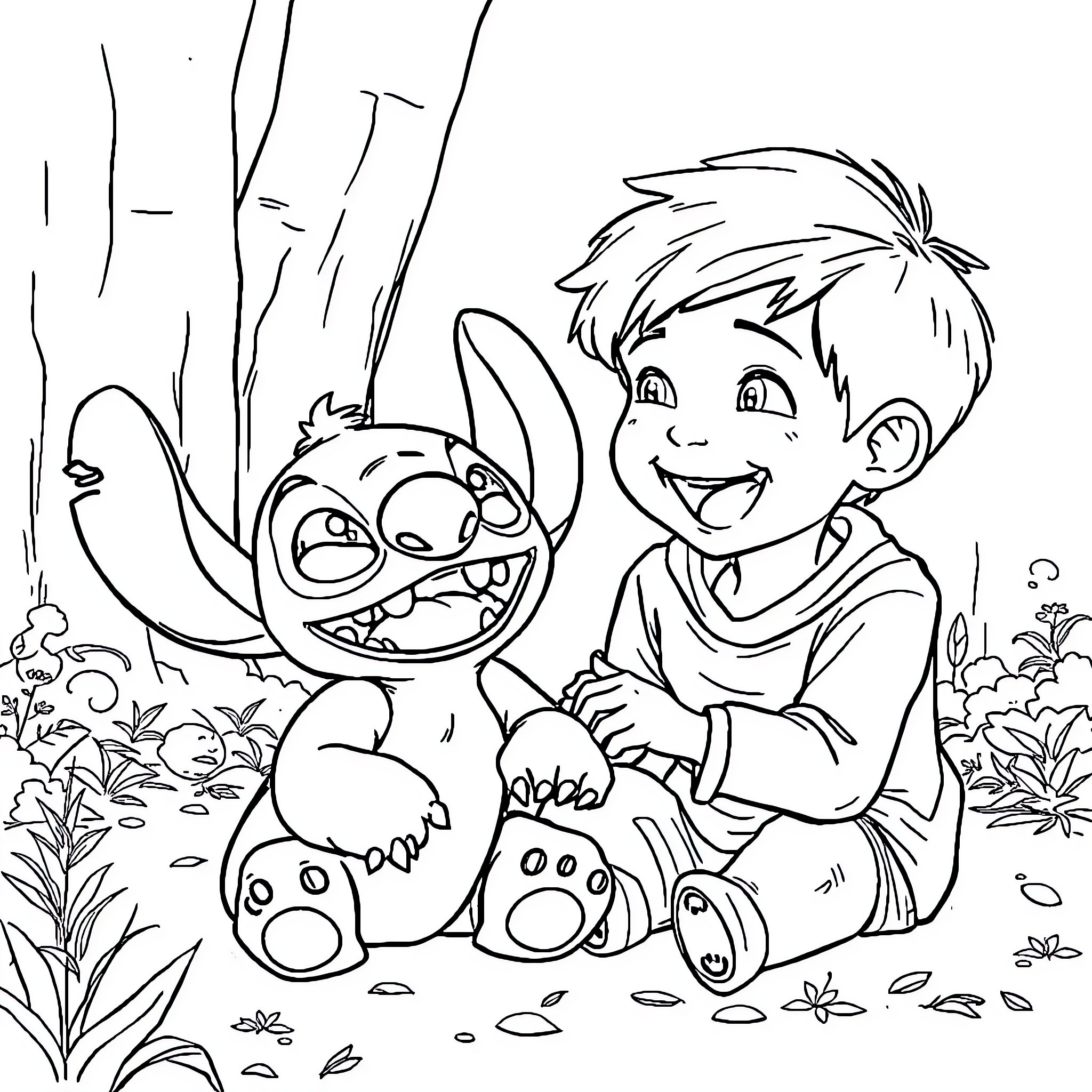 Boy and his Playful Companion in Nature Coloring Page (free black-and-white line drawing printable PDF for all, from beginners to advanced learners, including children, teens, adults, and seniors)