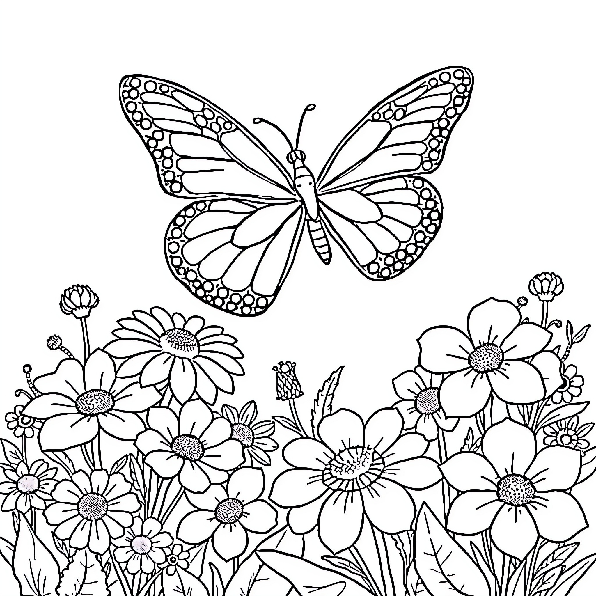 Butterfly soaring amid vibrant floral scene Coloring Page (free black-and-white line drawing printable PDF for all, from beginners to advanced learners, including children, teens, adults, and seniors)