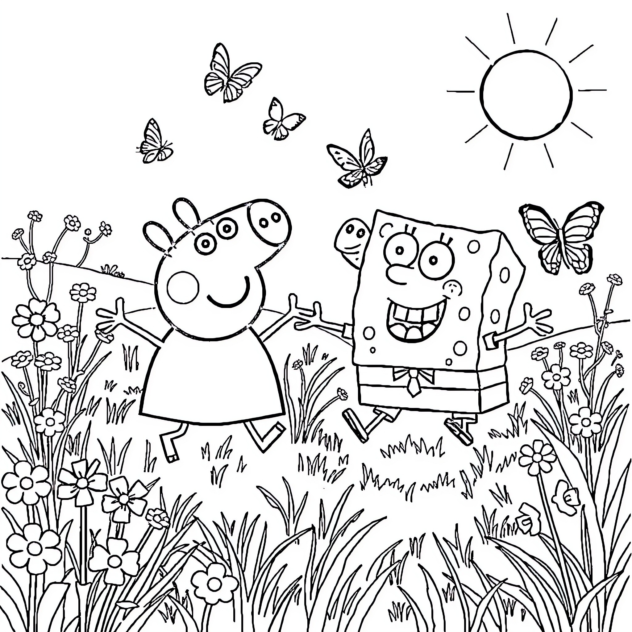 Peppa Pig and friends explore a sunny meadow Coloring Page (free black-and-white line drawing printable PDF for all, from beginners to advanced learners, including children, teens, adults, and seniors)