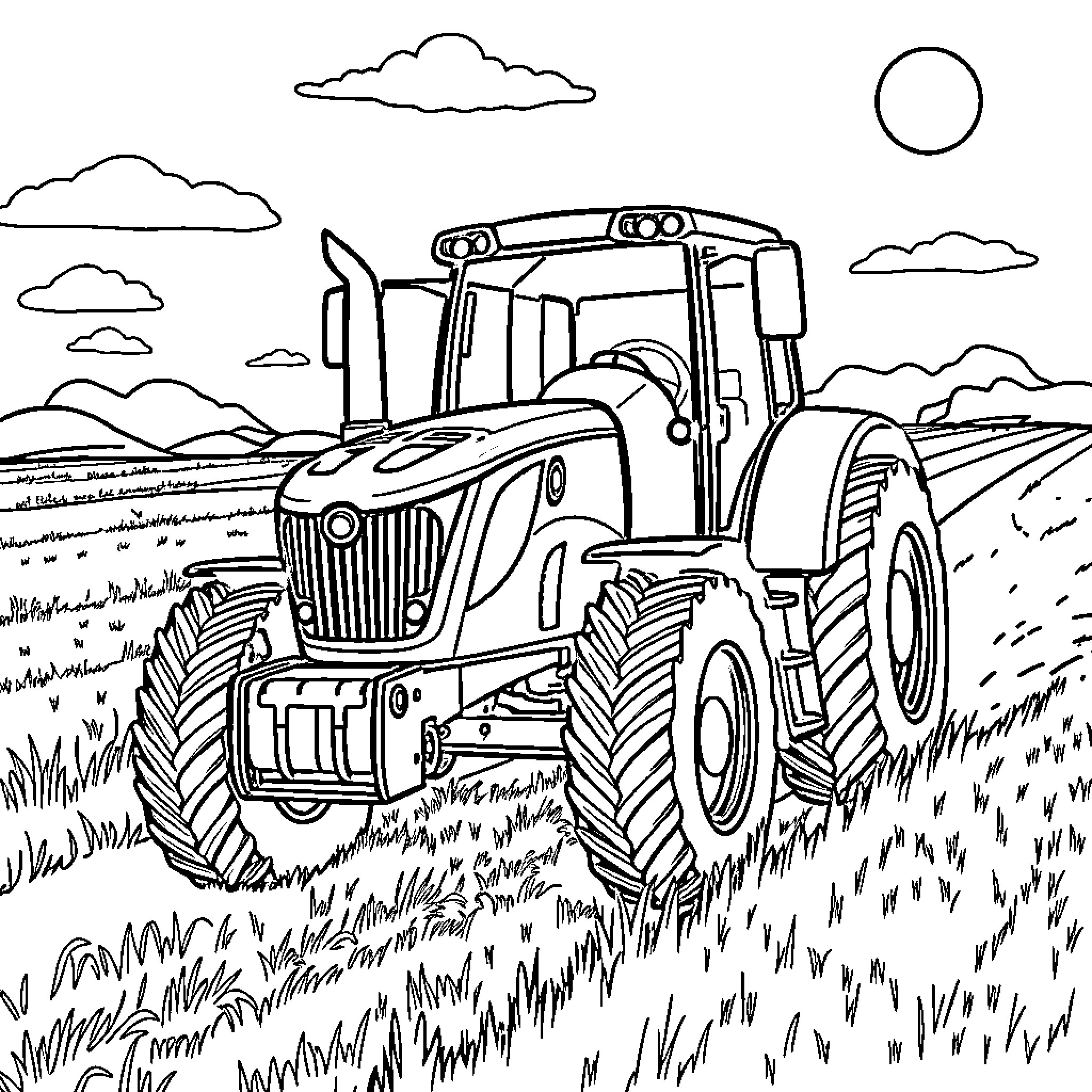 Tractor working in the countryside landscape Coloring Page (free black-and-white line drawing printable PDF for all, from beginners to advanced learners, including children, teens, adults, and seniors)