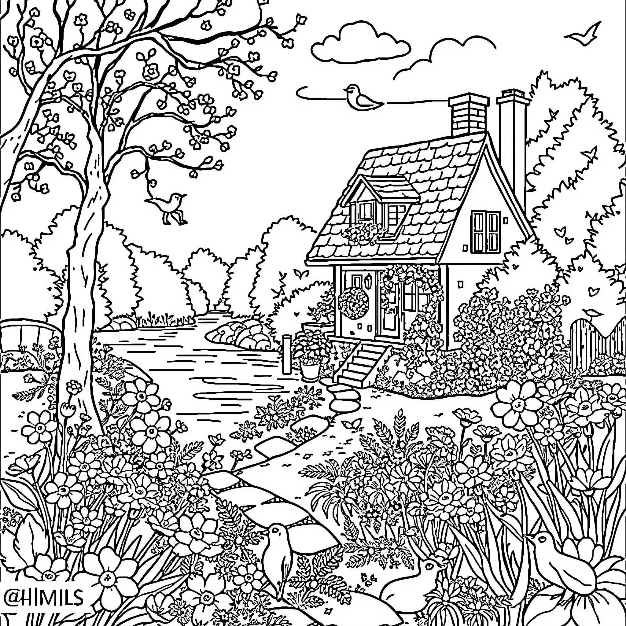 Home in the Serene Countryside Coloring Page (free black-and-white line drawing printable PDF for all, from beginners to advanced learners, including children, teens, adults, and seniors)