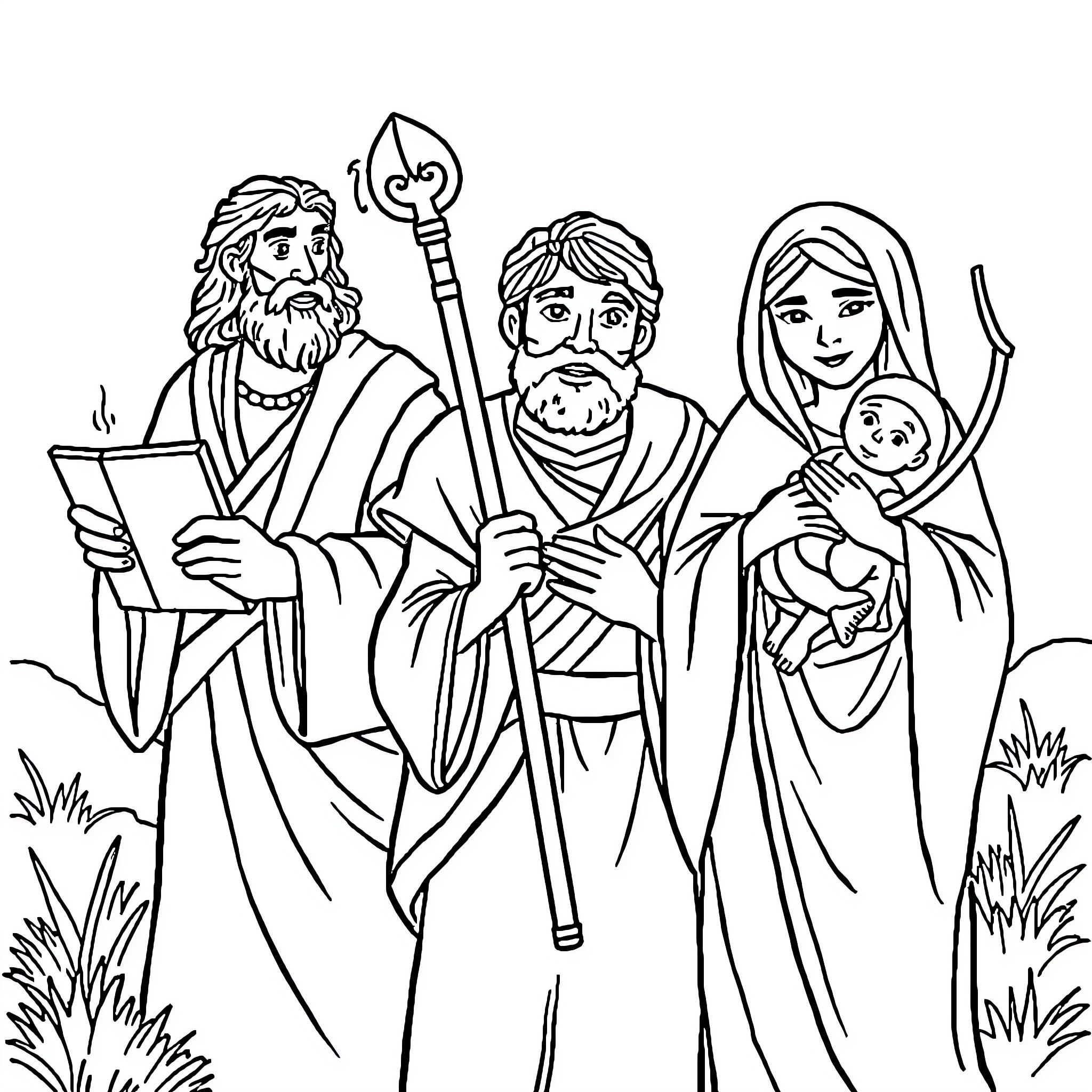 Bible Character Holy Family with Baby Jesus Coloring Page (free black-and-white line drawing printable PDF for all, from beginners to advanced learners, including children, teens, adults, and seniors)