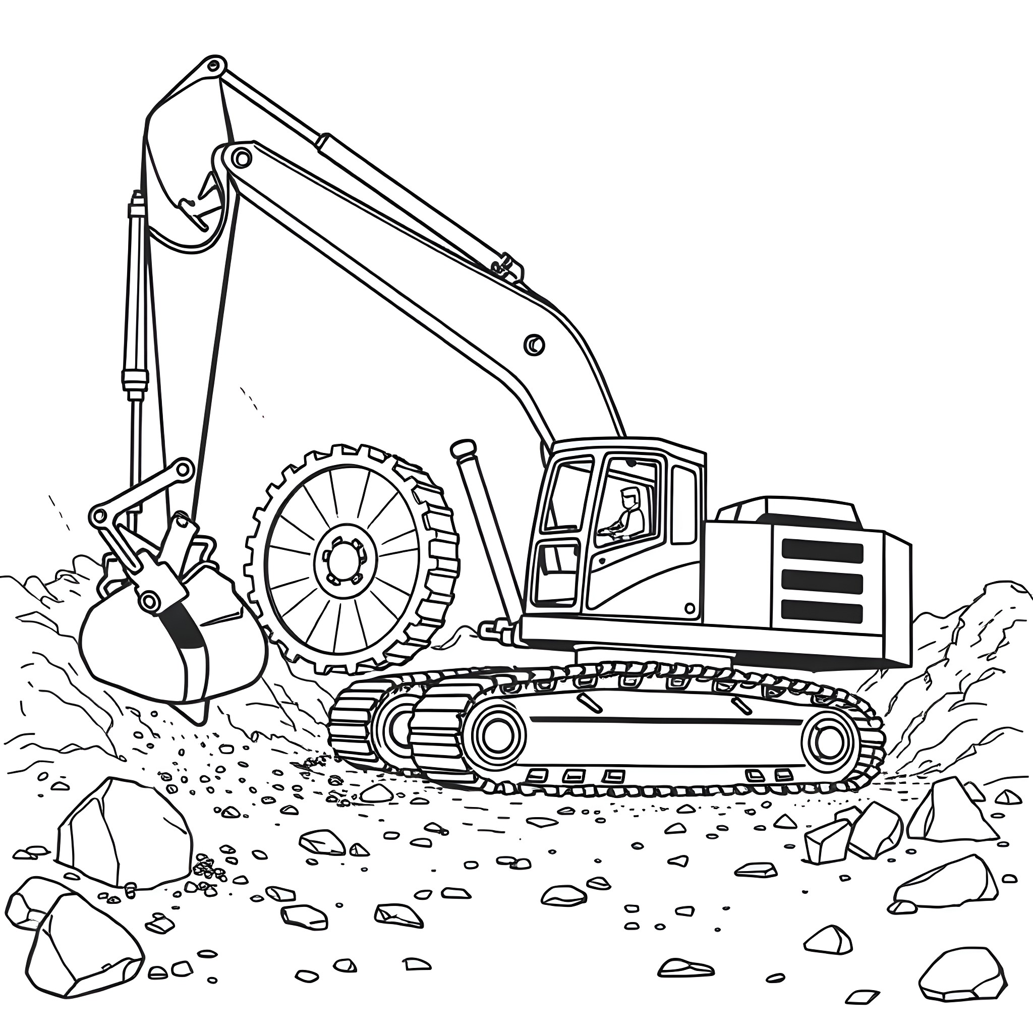 Bucket Wheel Excavator at Construction Site Coloring Page (free black-and-white line drawing printable PDF for all, from beginners to advanced learners, including children, teens, adults, and seniors)