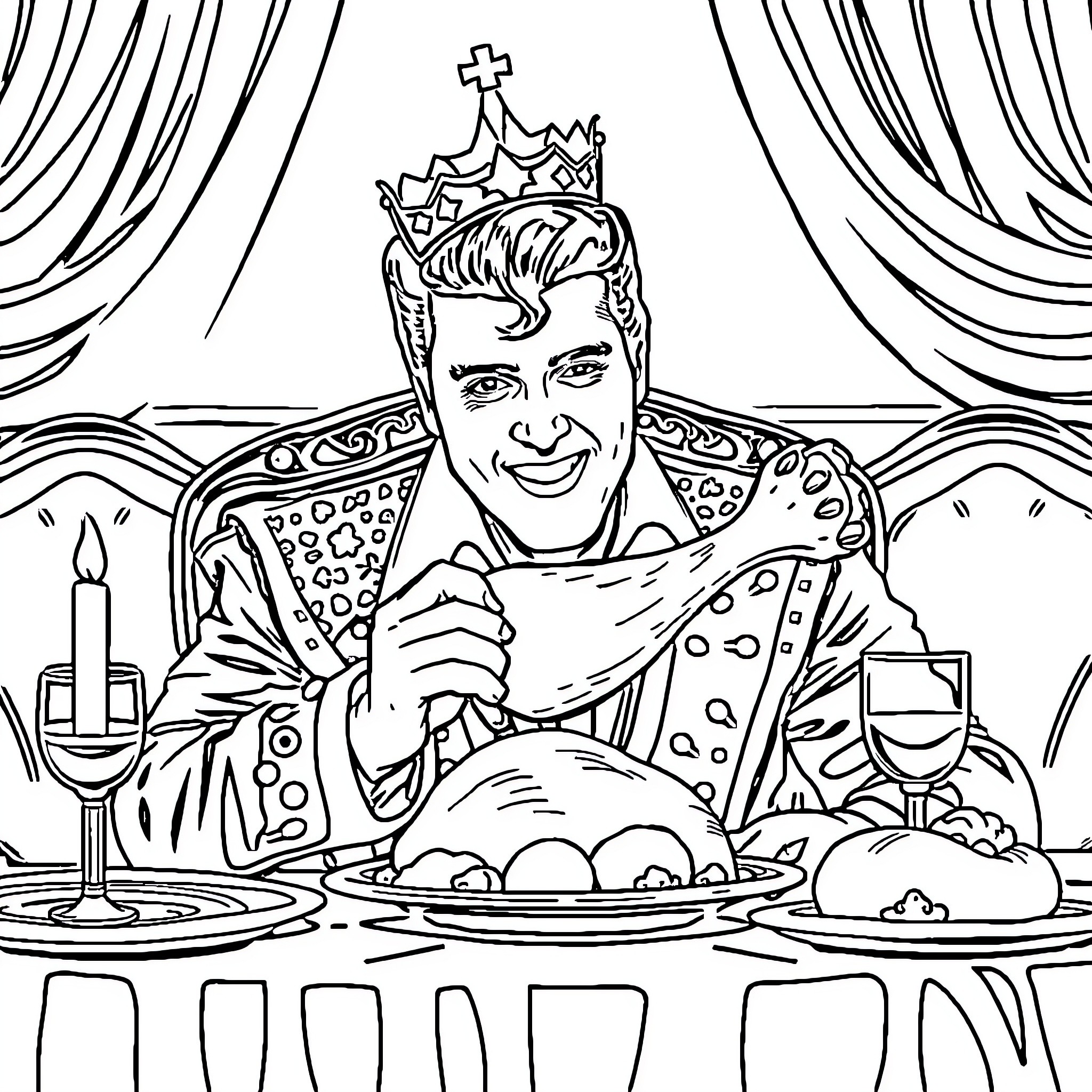 Elvis Presley enjoying a royal feast Coloring Page (free black-and-white line drawing printable PDF for all, from beginners to advanced learners, including children, teens, adults, and seniors)