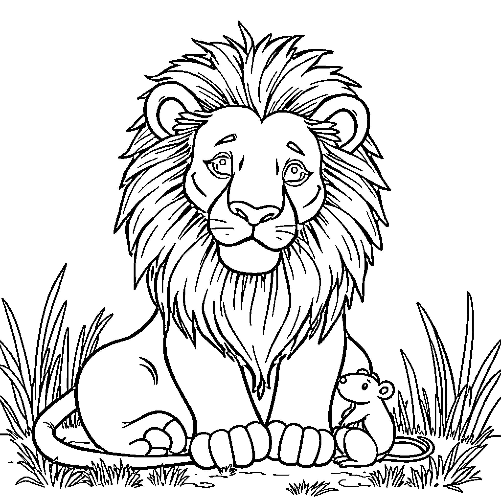 Lion resting peacefully in the wild Coloring Page (free black-and-white line drawing printable PDF for all, from beginners to advanced learners, including children, teens, adults, and seniors)