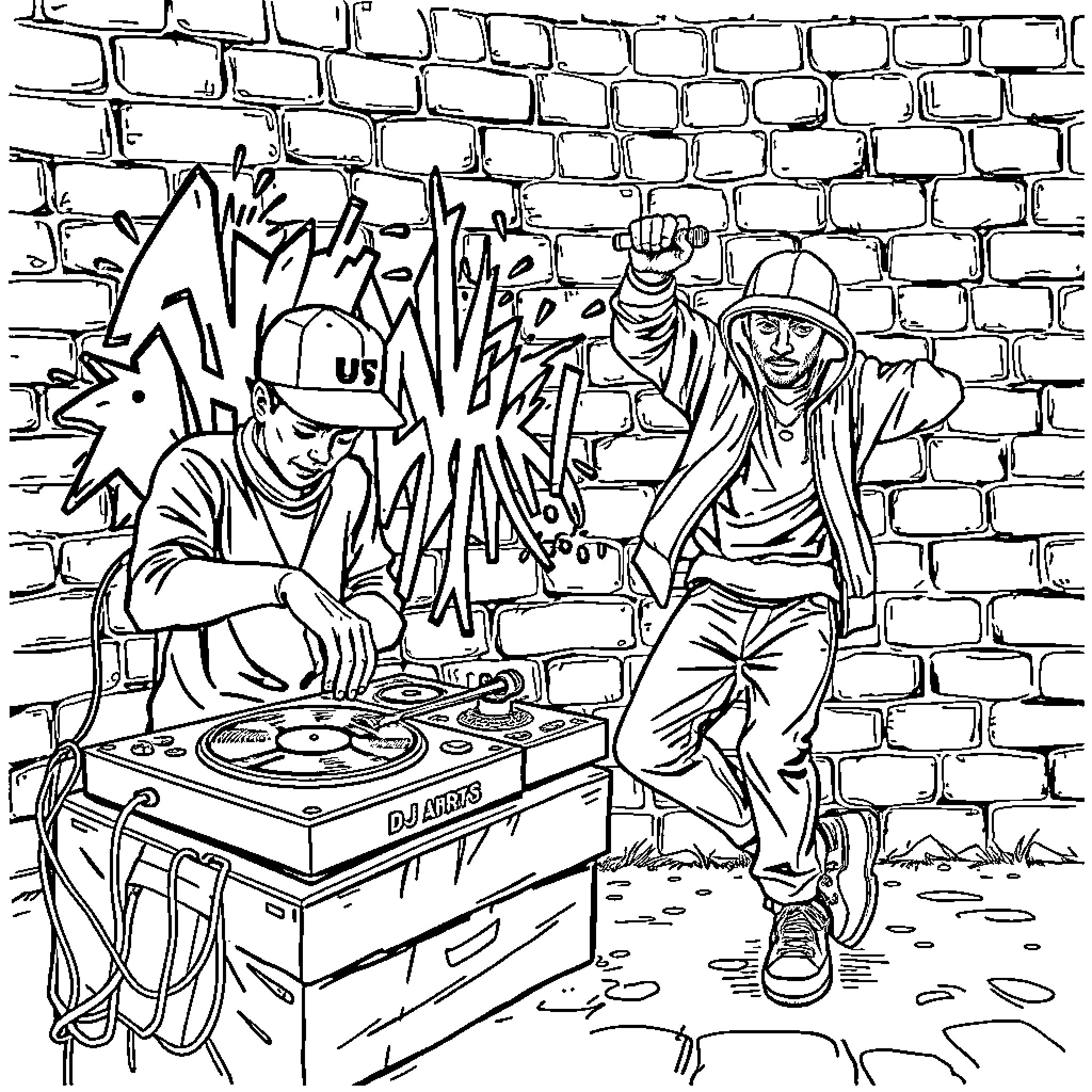 Hip Hop Artists Perform on the Street Coloring Page (free black-and-white line drawing printable PDF for all, from beginners to advanced learners, including children, teens, adults, and seniors)