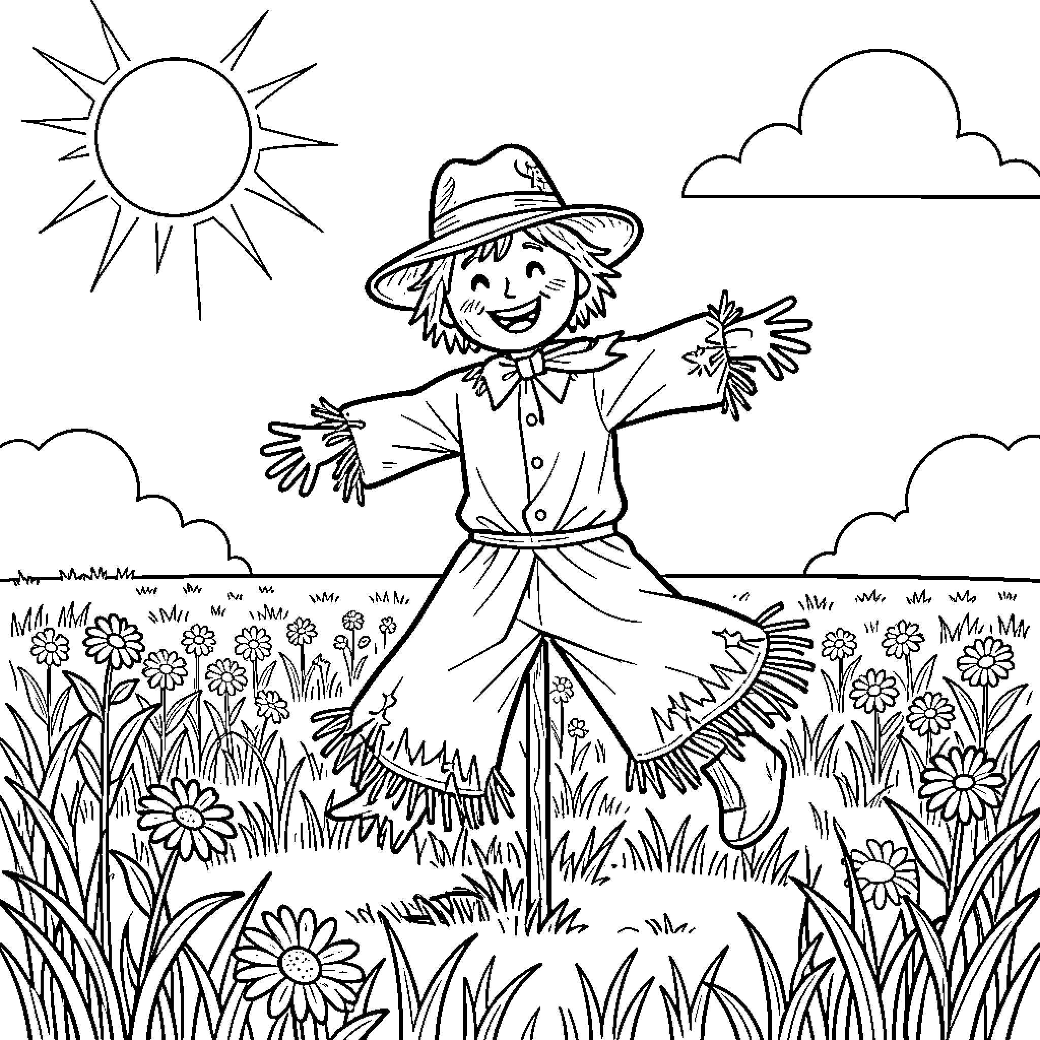 Scarecrow happily posing in a field of flowers Coloring Page (free black-and-white line drawing printable PDF for all, from beginners to advanced learners, including children, teens, adults, and seniors)