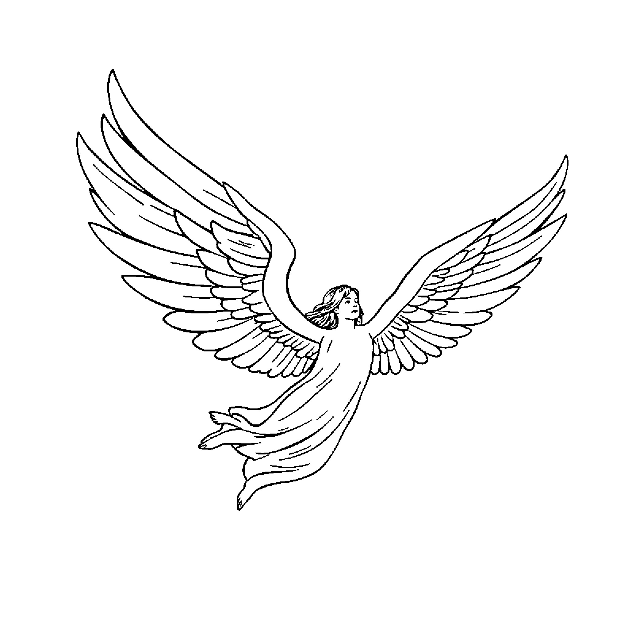 Angel with outstretched wings in flight Coloring Page (free black-and-white line drawing printable PDF for all, from beginners to advanced learners, including children, teens, adults, and seniors)