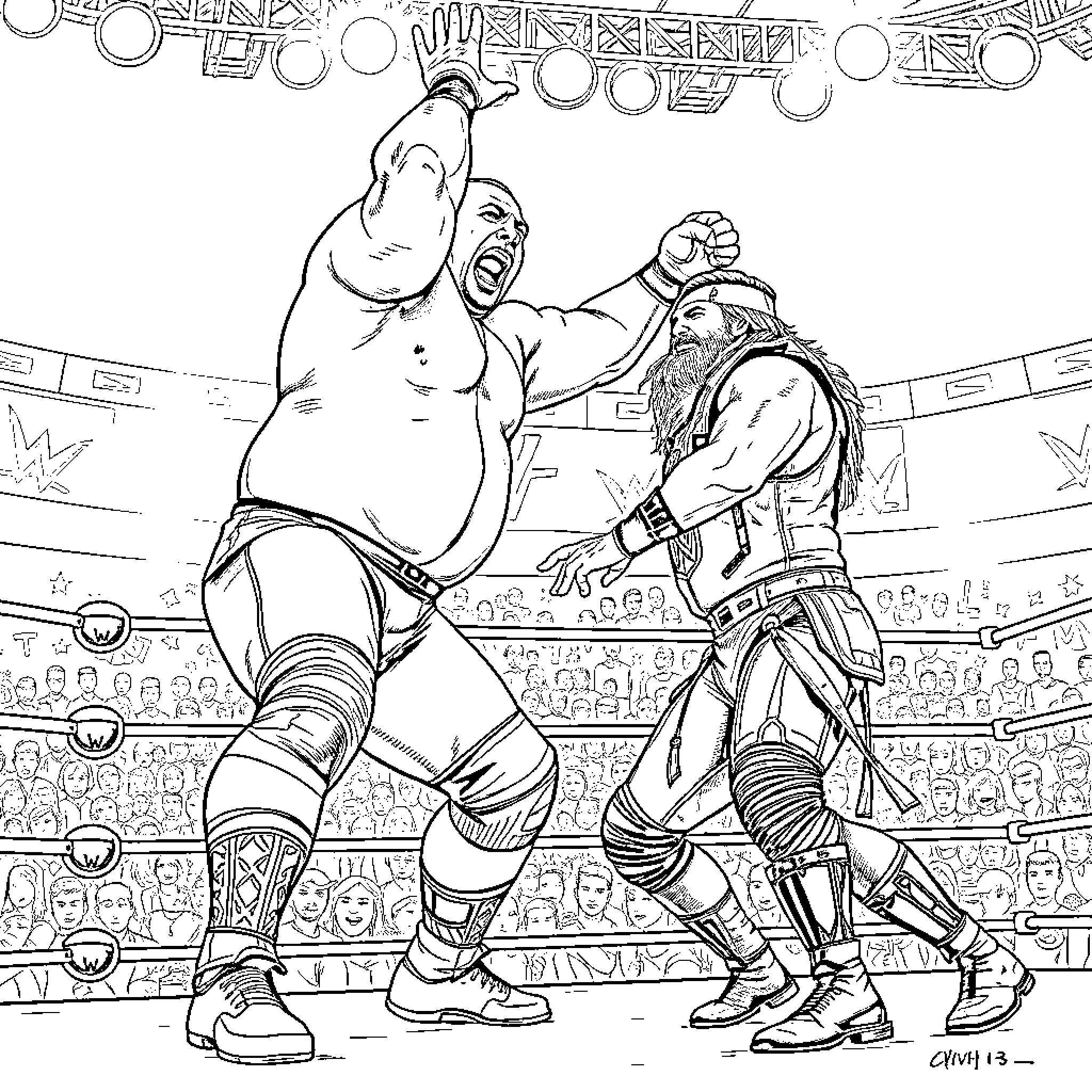Brock Lesnar engaged in an intense wrestling match Coloring Page (free black-and-white line drawing printable PDF for all, from beginners to advanced learners, including children, teens, adults, and seniors)