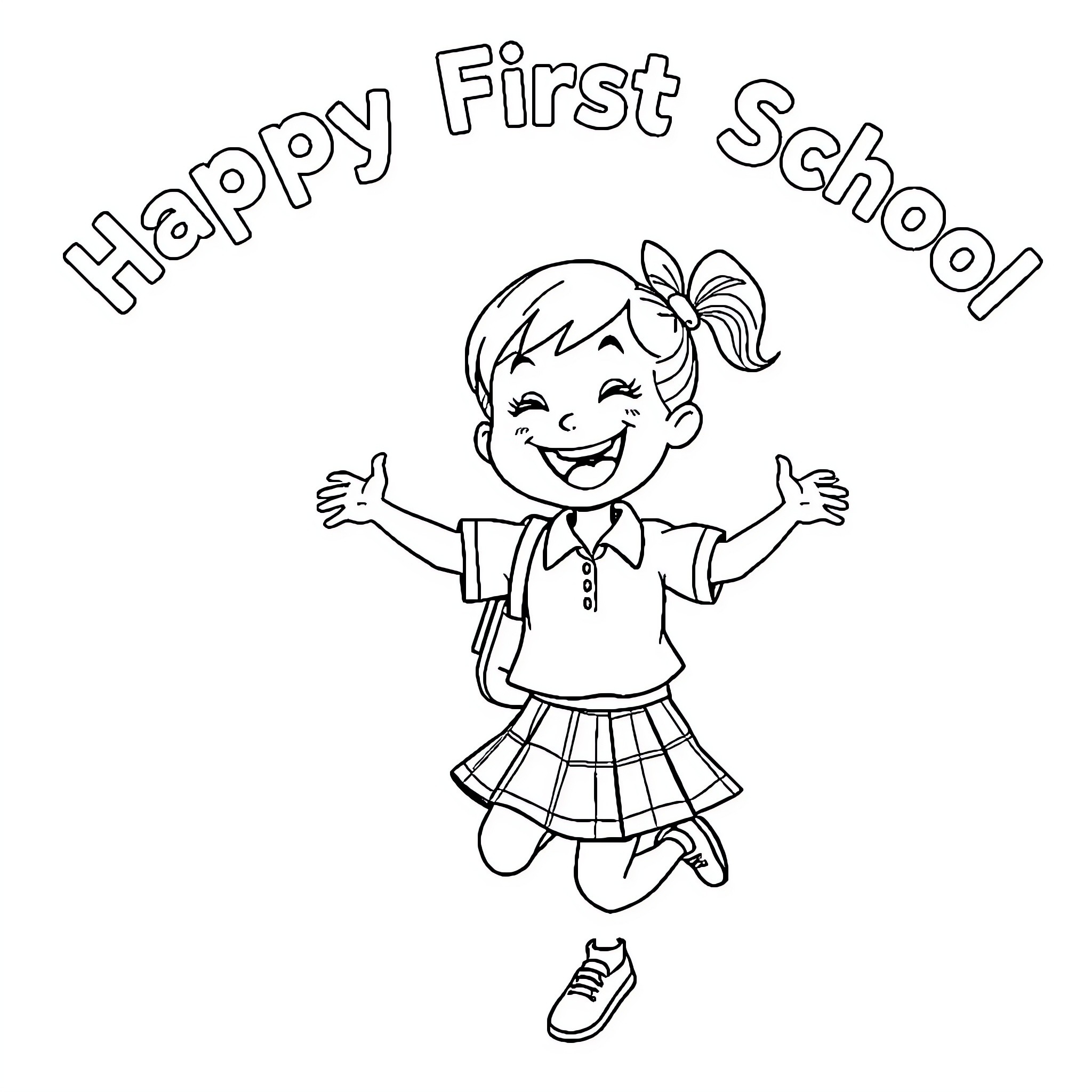 Girl Excited for First School Day Coloring Page (free black-and-white line drawing printable PDF for all, from beginners to advanced learners, including children, teens, adults, and seniors)