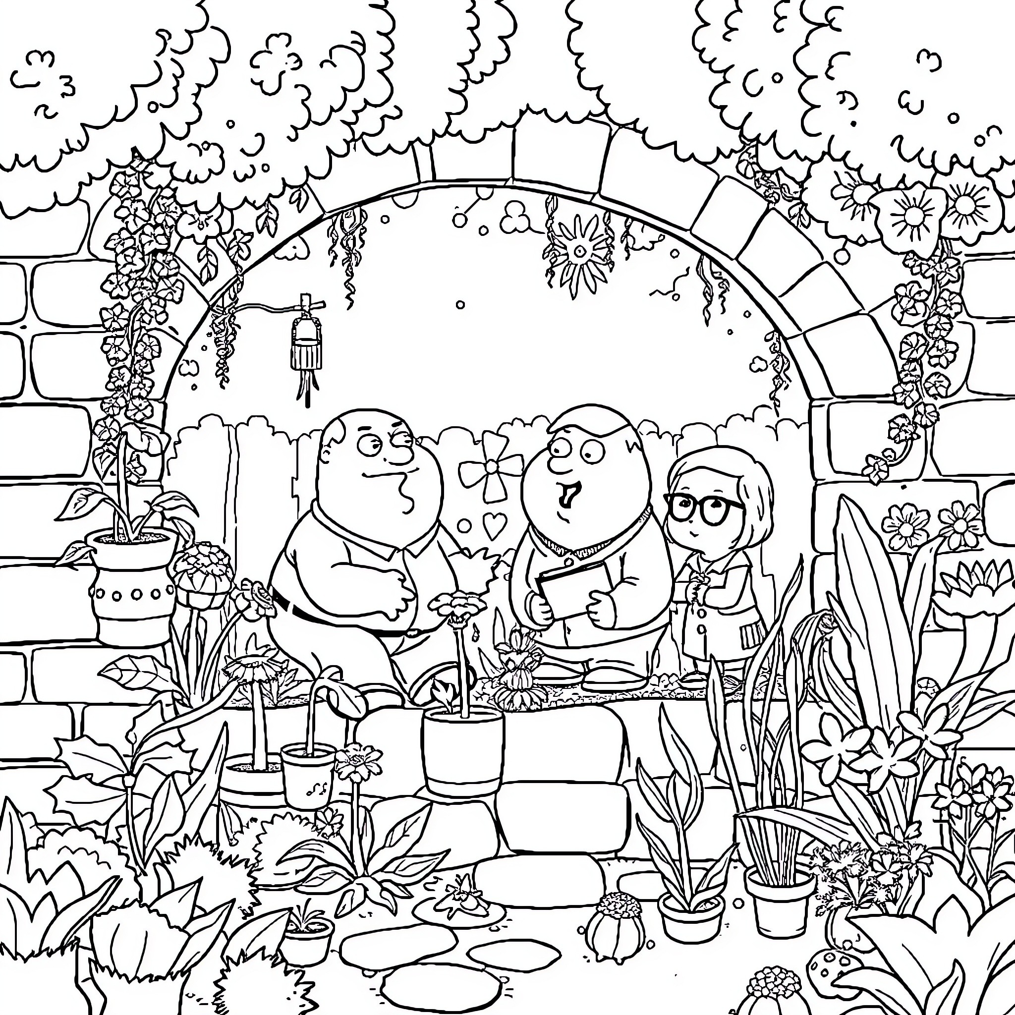 Family Guy enjoying a picnic in a lush garden Coloring Page (free black-and-white line drawing printable PDF for all, from beginners to advanced learners, including children, teens, adults, and seniors)