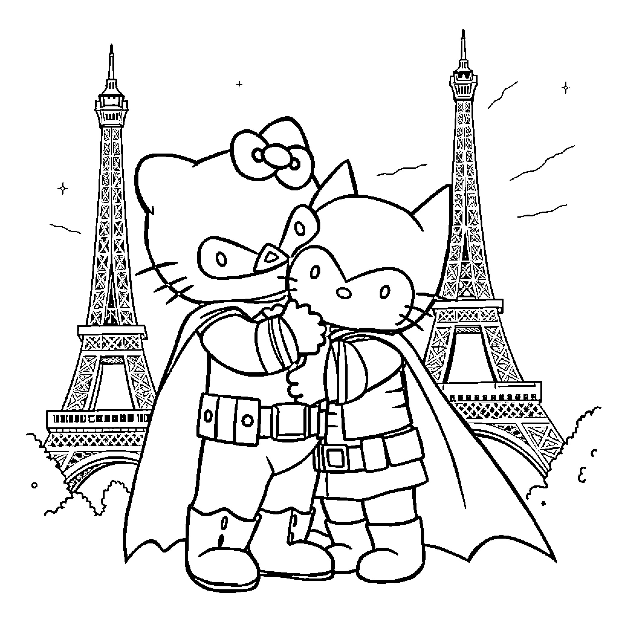 Hello Kitty and Friends Touring Eiffel Tower Coloring Page (free black-and-white line drawing printable PDF for all, from beginners to advanced learners, including children, teens, adults, and seniors)