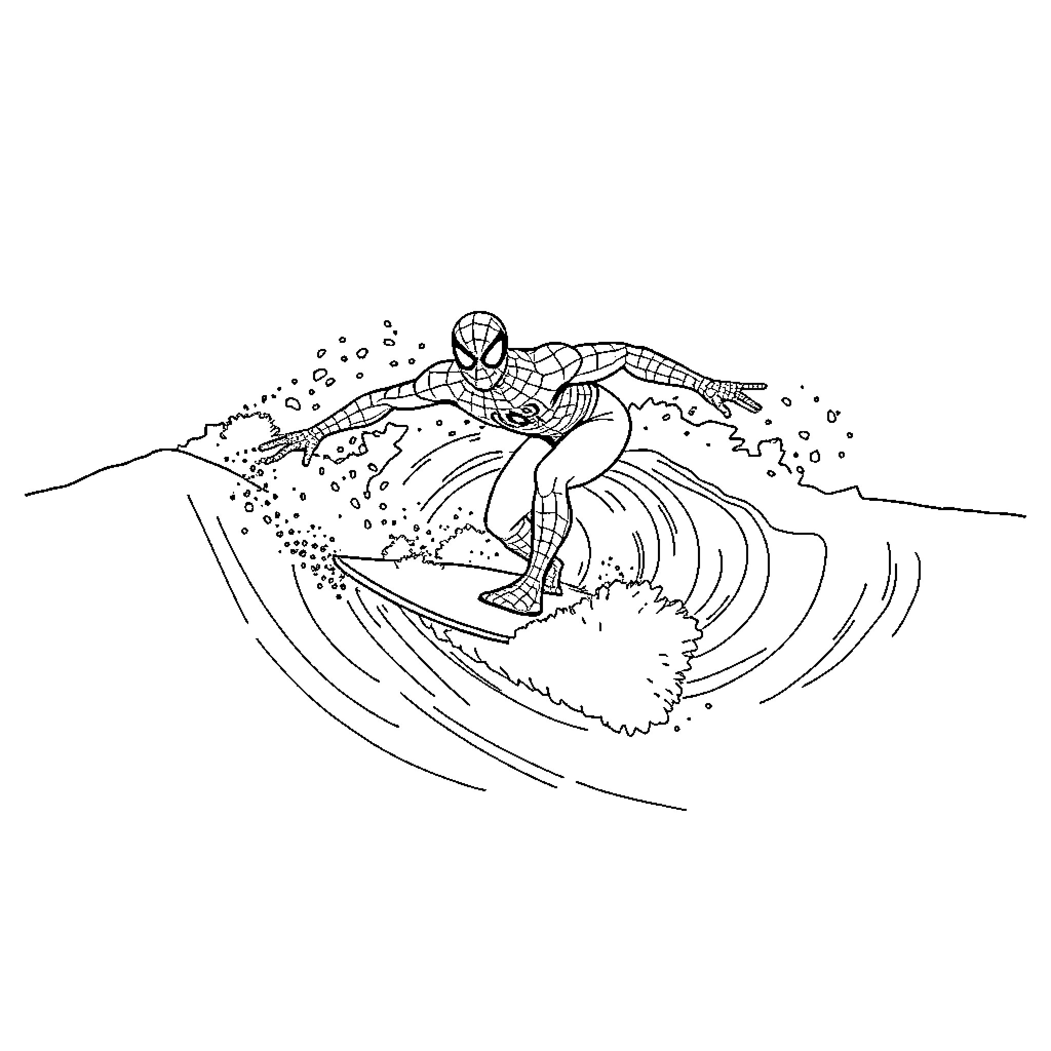 Spiderman surfing in the waves Coloring Page (free black-and-white line drawing printable PDF for all, from beginners to advanced learners, including children, teens, adults, and seniors)